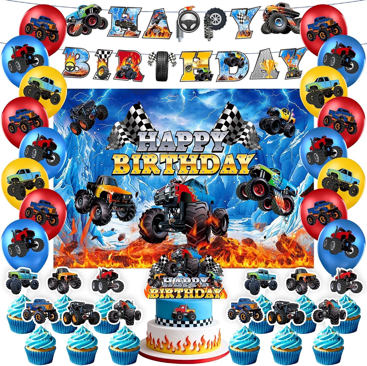 Monster Truck Party Decorations, Truck Theme Baby Shower Birthday Party Supplies Set Includes Banner, Backdrop, Balloons, Cake Toppers