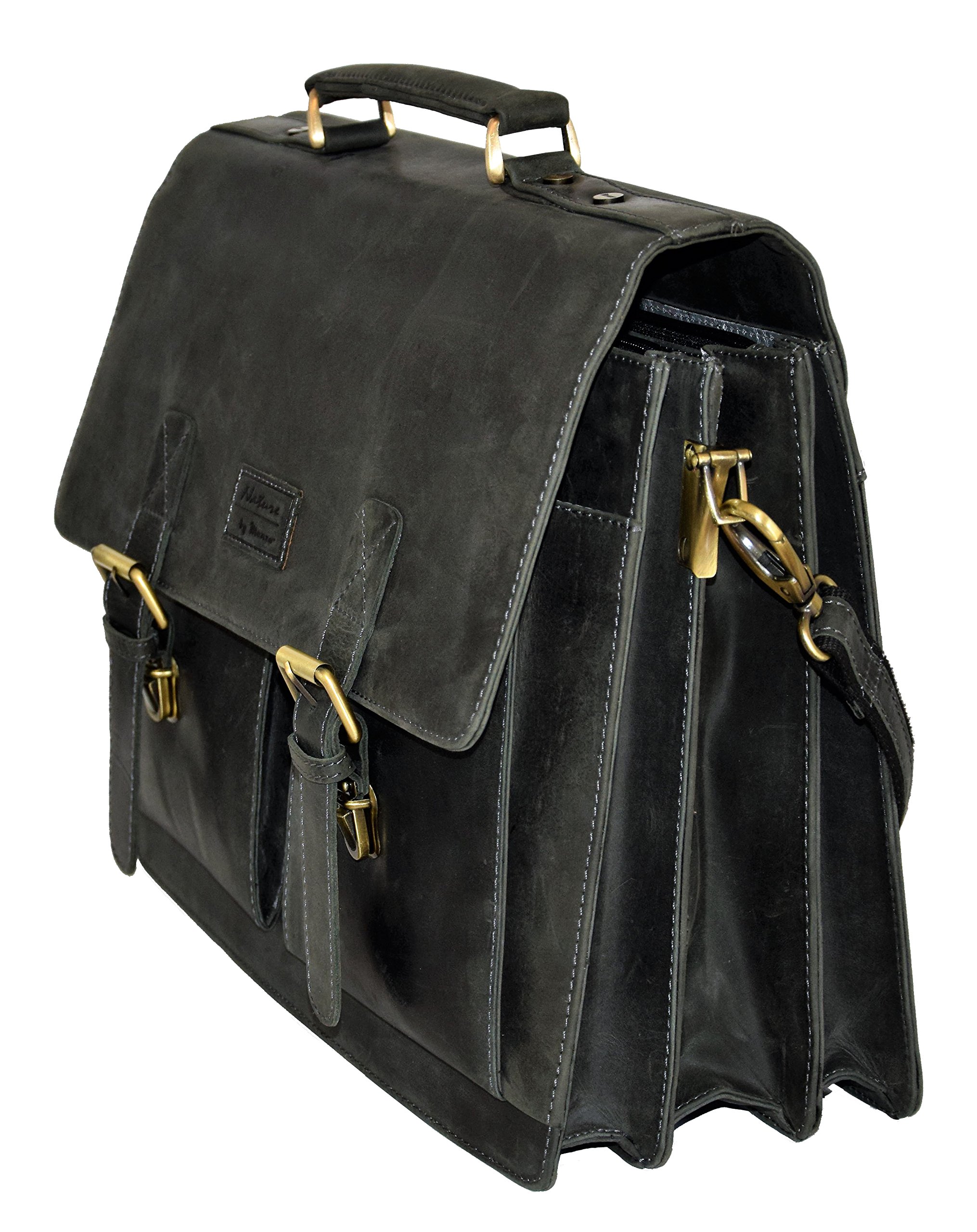 Menzo Maletín de piel auténtica para portátiles de hasta 15 pulgadas, estilo vintage, para hombre y mujer, ideal para la escuela, la universidad o el trabajo, Negro , Small