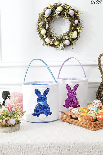 Miniatura 2 de Cestas de Pascua para niños  Cestas de caza de huevos de Pascua para niños y niñas, bonita cesta de regalo de lona impresa de conejo de lentejuelas