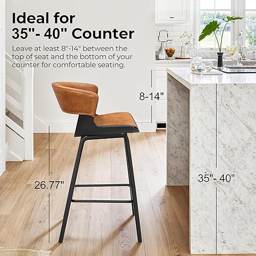 Miniatura 7 de Zouron Juego de 2 taburetes de bar con respaldo, taburetes de madera para isla de cocina, silla alta moderna de mediados de siglo para el hogar,