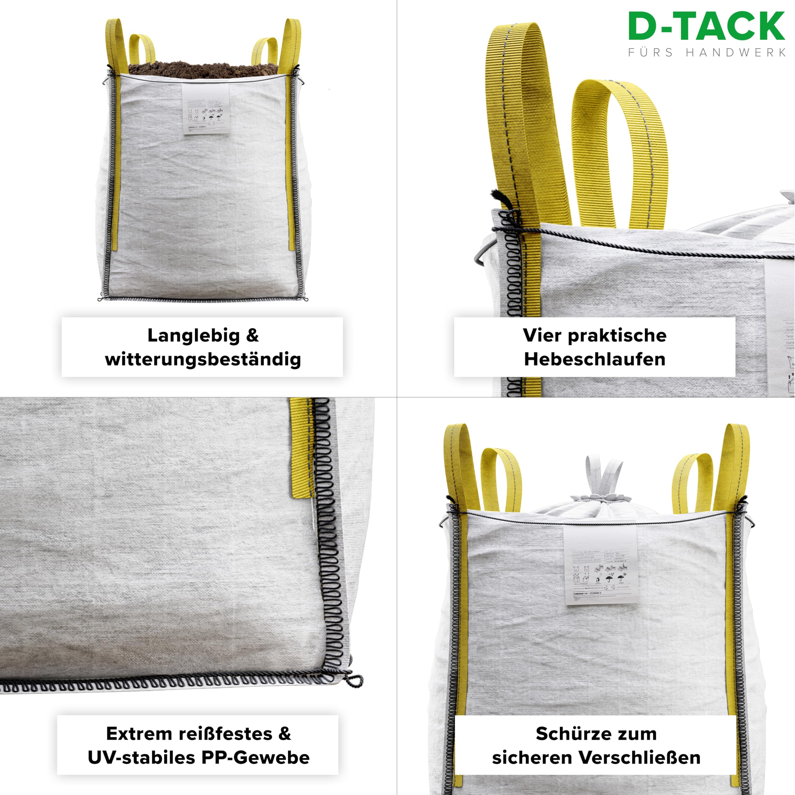 D-TACK 5x Big Bag | 70 x 70 x 90 cm | Säcke für Bauschutt, Holz, Laub, Kies, Sand, Erde, Gartenabfall, Grünschnitt, Pellets | 4 Schlaufen für Kran & Stapler | 1.000 kg | Inkl. Schürze zum Zubinden