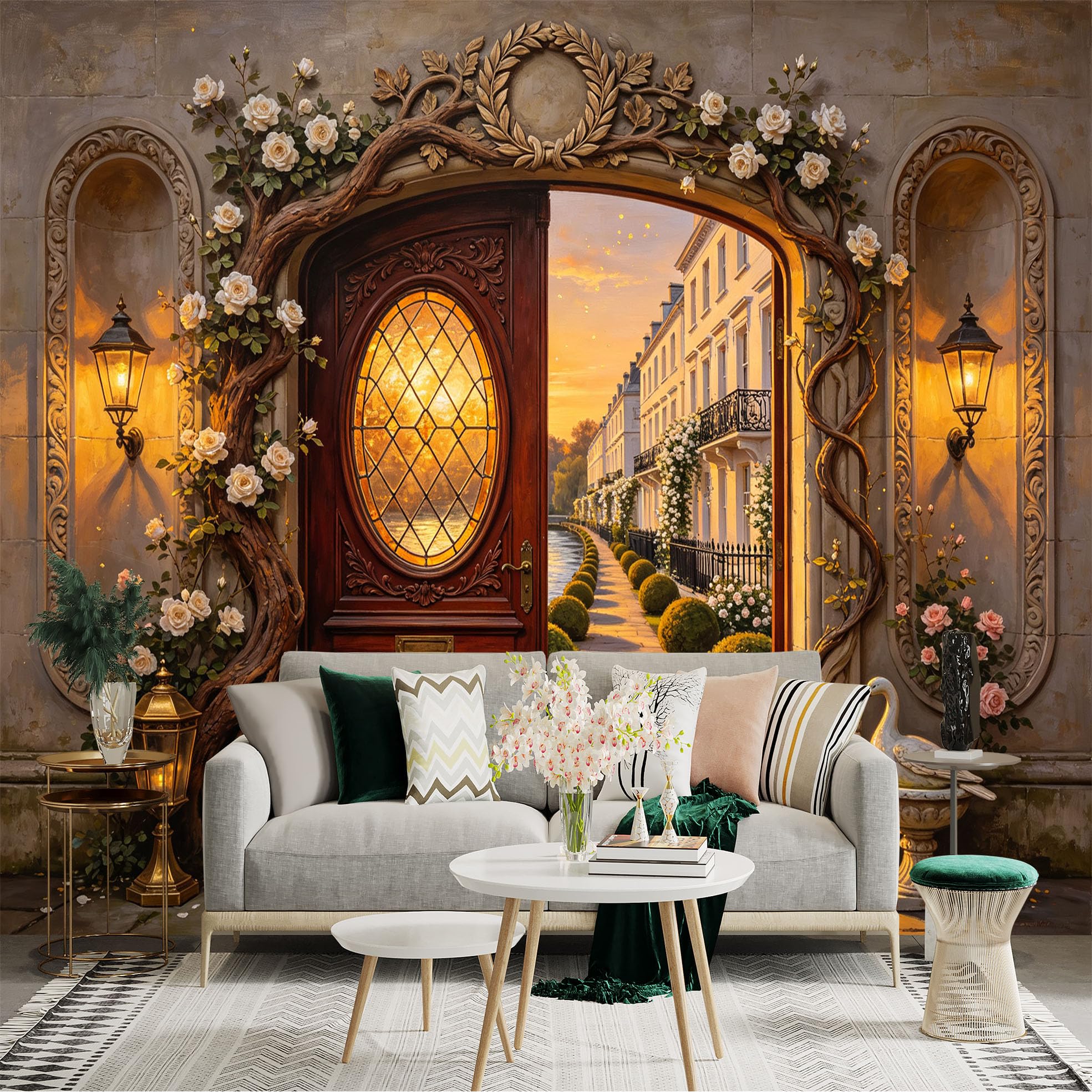 Custom Size Wall Sticker Mural， Vintage Garden Doorway， Floral Archway and Sunset Path， for wall Decoration， peelandstick wall Decals.