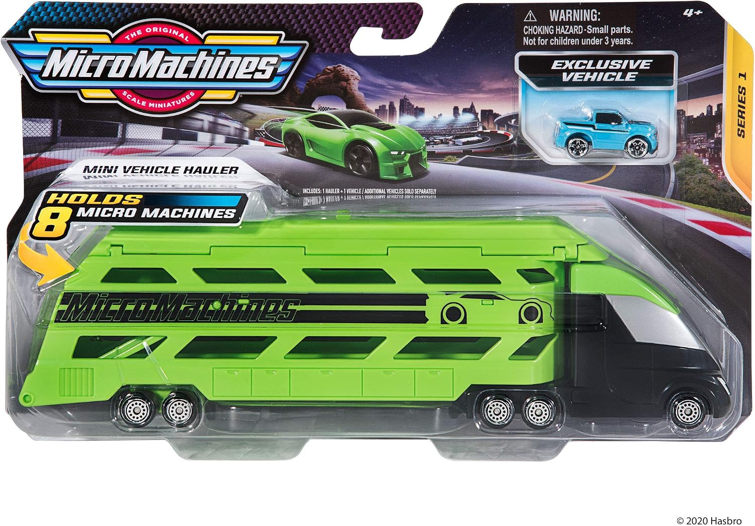 Micro Machines Mini Vehicle Hauler in Green - Includes One Exclusive MM Car - Open The Top of The Trailer/Lower The Back Ramp, Load Up to Eight Cars - Collect Them All