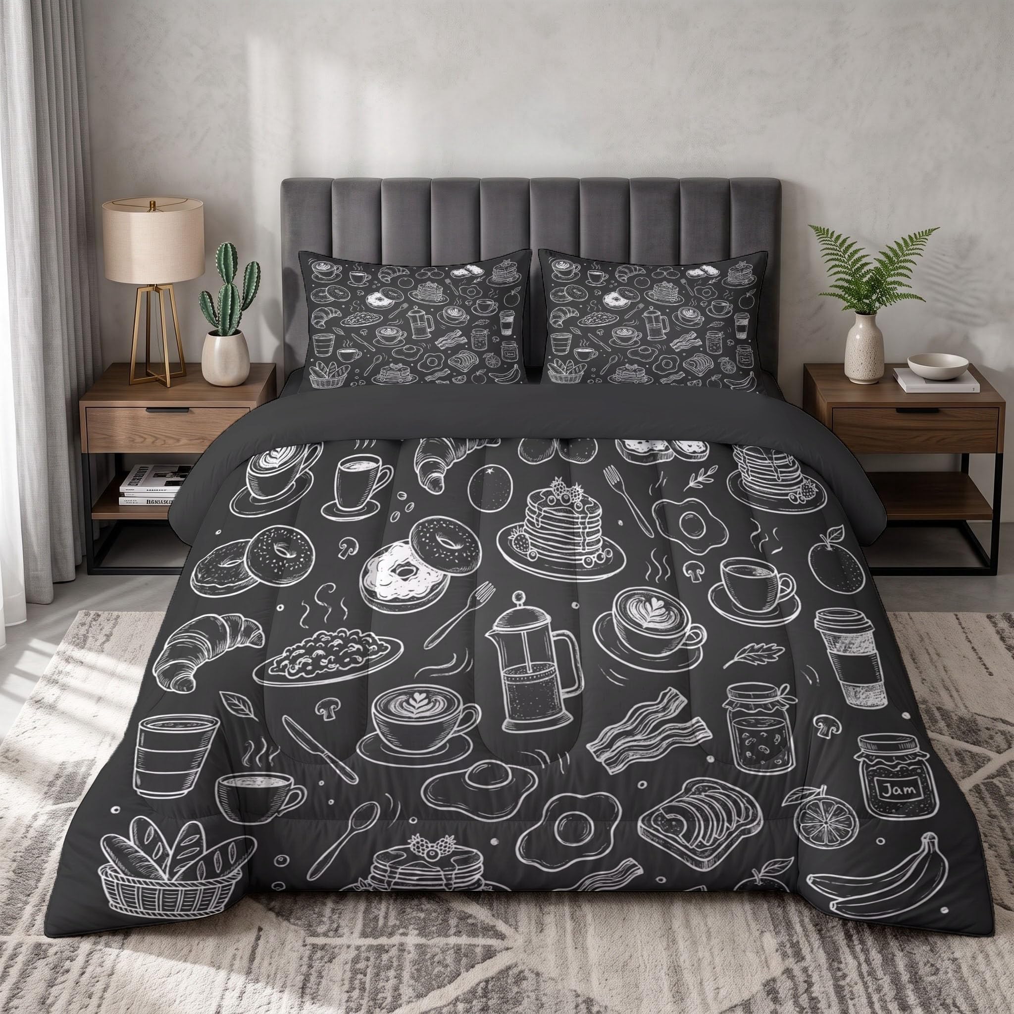Couette 4 Saisons Café Rétro, en Microfibre pour lit 1 Personne, Gris Anthracite | Couette Légère Pain Au Café, Chaude, Couverture Construction U-Stitching, Lavable en Machine