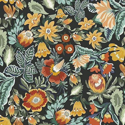Dimoon Papel tapiz floral de 78.7 x 16.1 pulgadas, color negro, papel de contacto con flores vintage, hojas verdes, papel tapiz autoadhesivo para