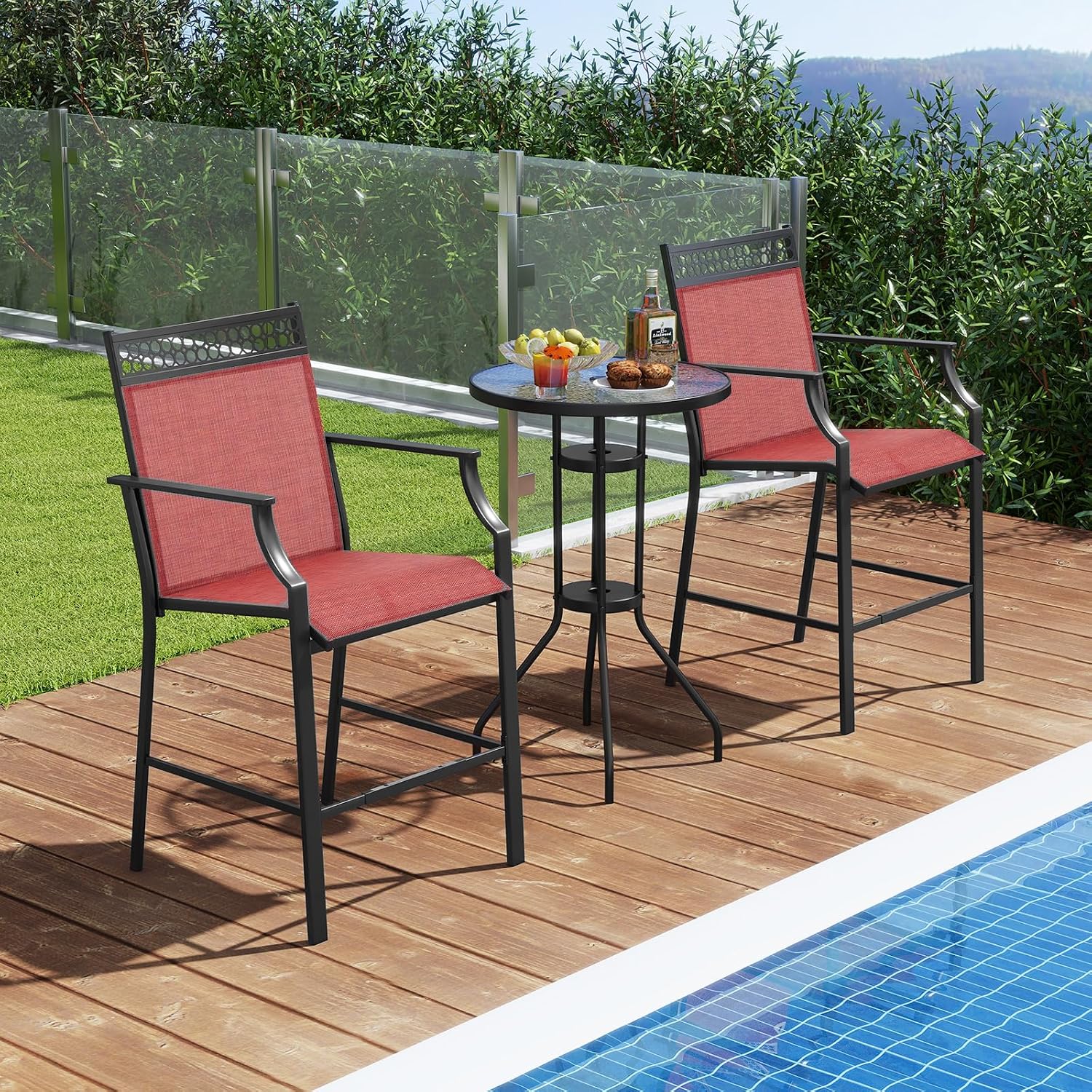 Tangkula Outdoor Bar Stools Set of 4, Heavy-Duty Patio Stools & Bar Chairs with Footrest & Armrests, Metal Frame Counter Height Barstools, Tall Patio Dining Chairs for Backyard, Poolside (Red)
