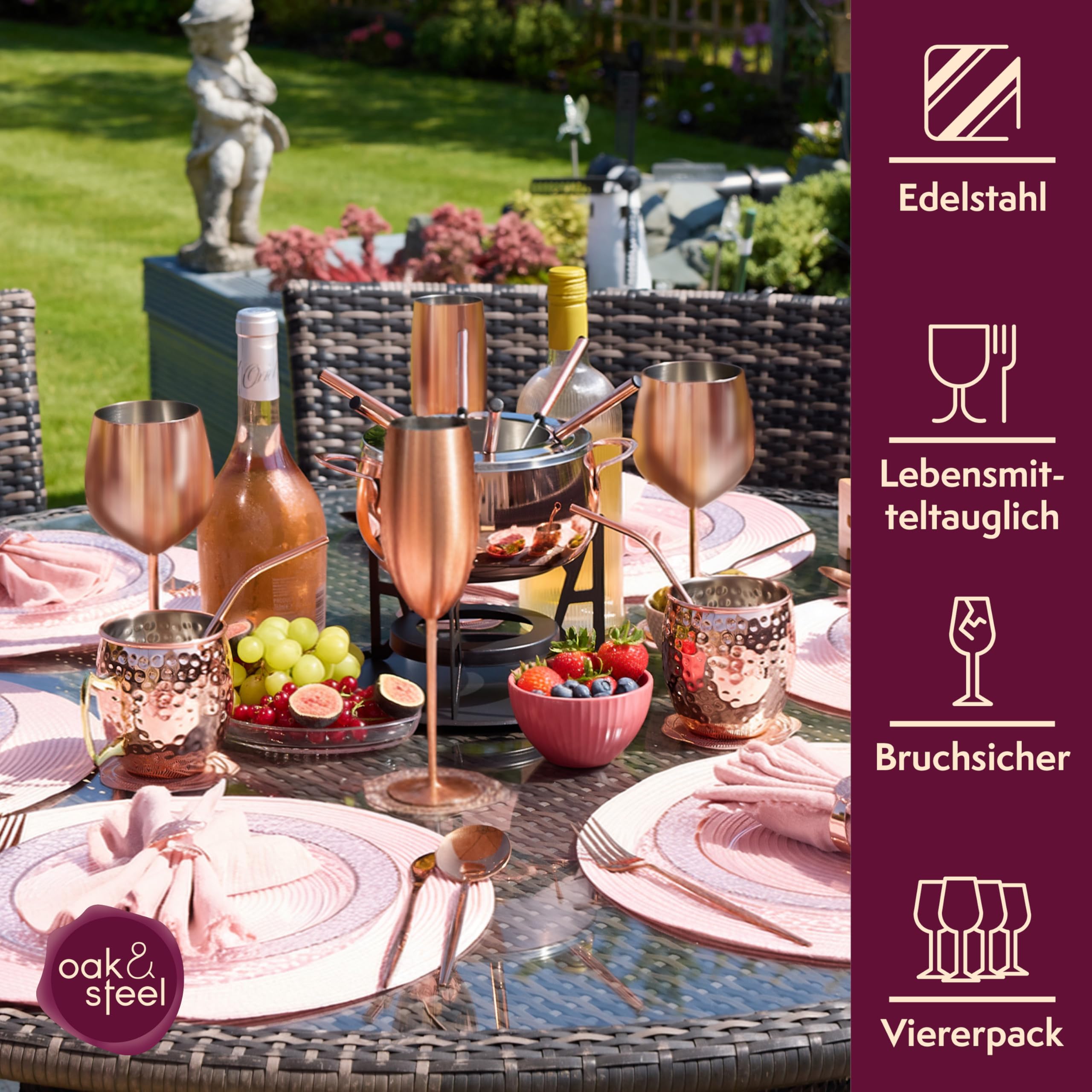 Oak & Steel - 4 Edelstahl Sektgläser (285ml), Champagner & Prosecco Gläser - Matte Roségold/Kupfer - Robust & Unzerbrechlich - Geschenkset für Geburtstage & Weihnachten
