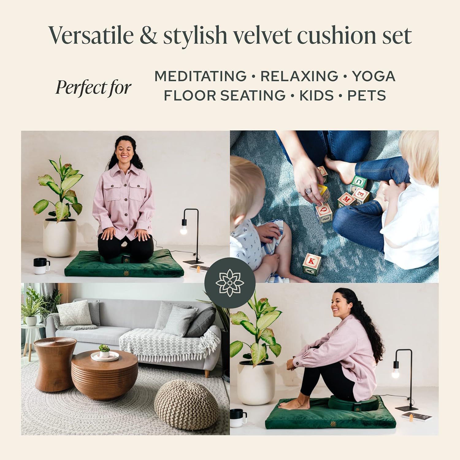 Mindful & Modern Meditation Cushion and Zabuton Meditation Mat Bundle - Premium Luxury Velvet Meditation Cushion Set for Yoga - Buckwheat Zafu Floor Pillow and Rectangular Mat - Emerald Green Color