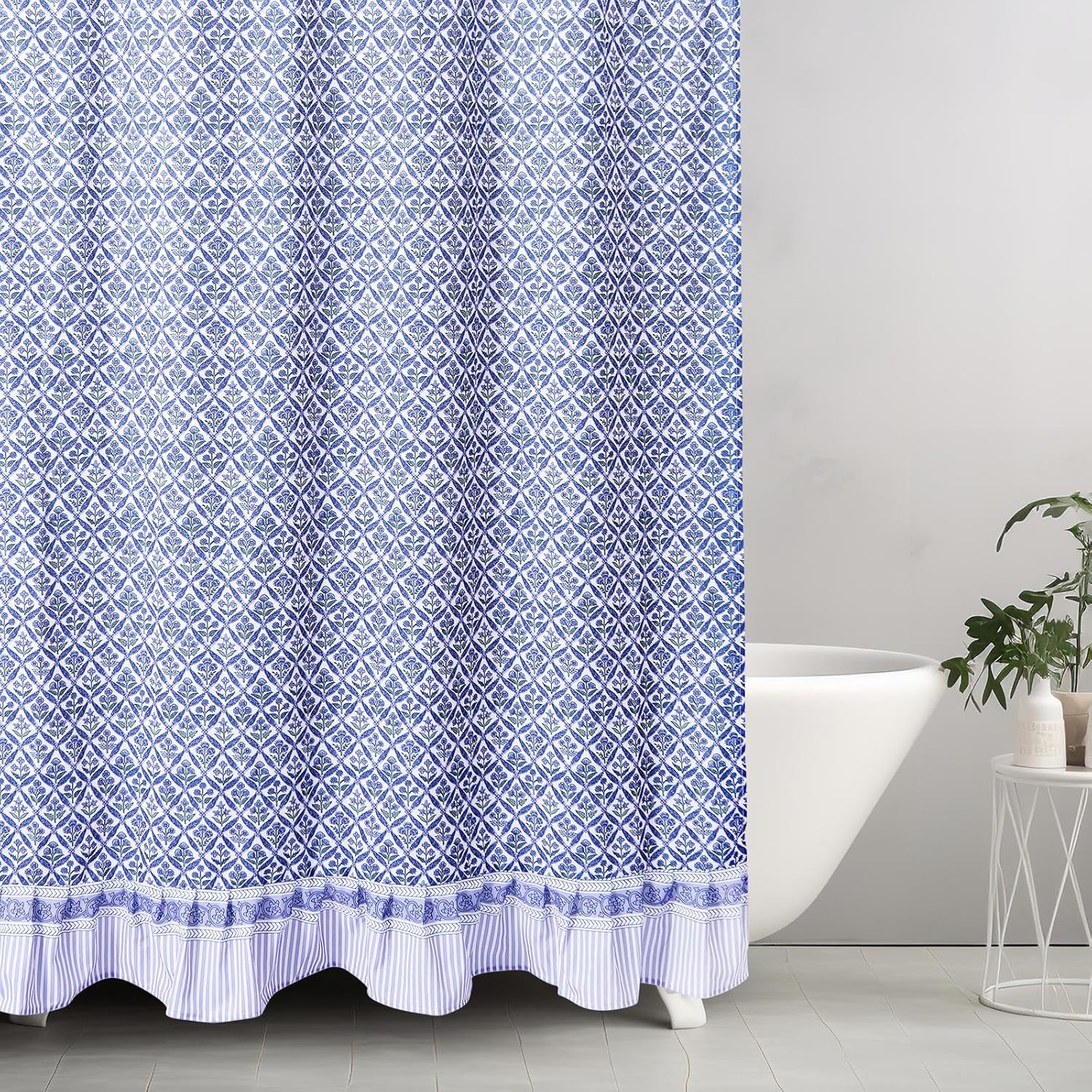 Mindsoft Vintage French Frog Toile Shower Curtain Cotton Print Curtain with 12 Metal Hooks Waterproof Bathroom Decor for Kitchen 18th Century Style Home Bath Accessories(Flower Blue,72x72 Inch)