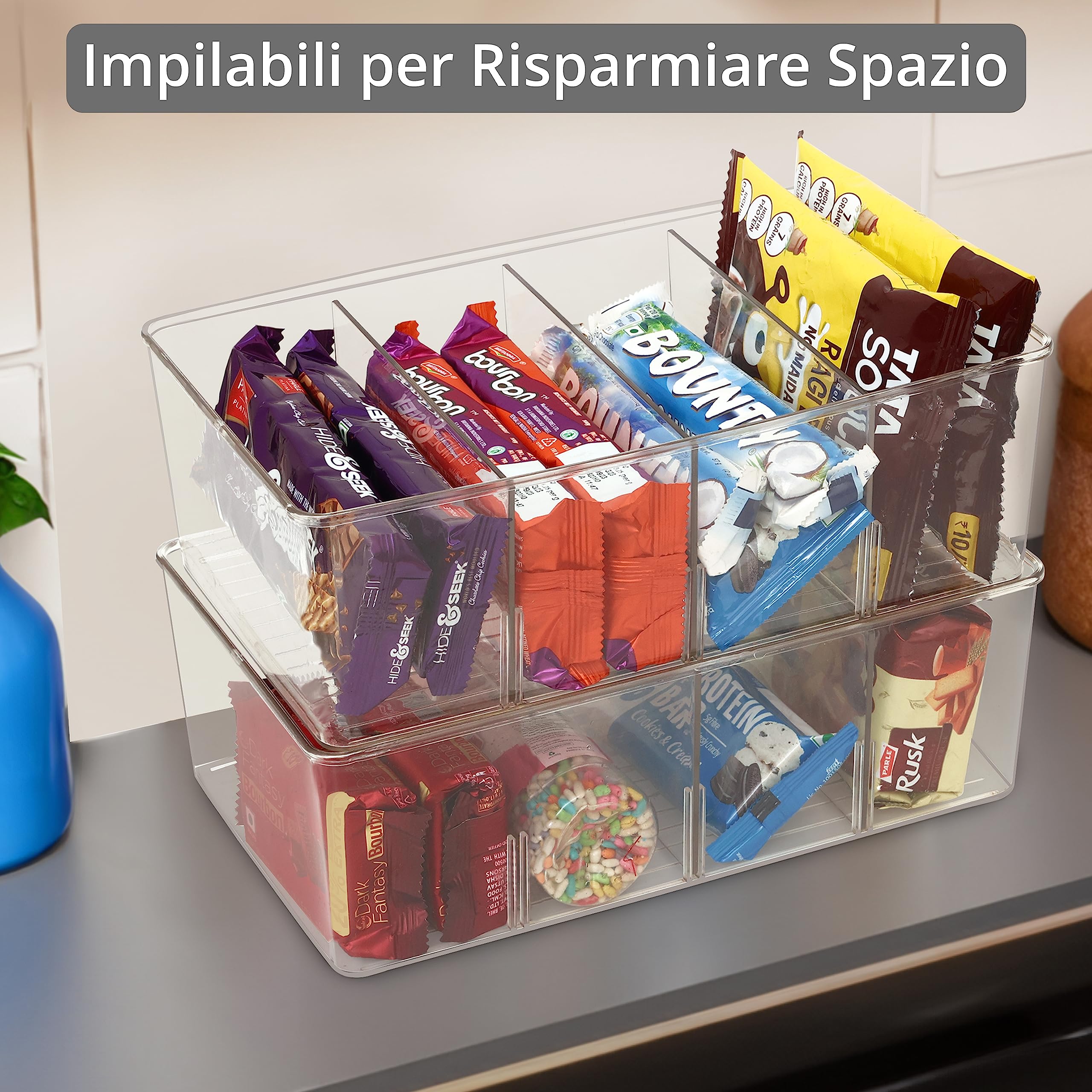 TOWBRUS 4 Contenitori Dispensa In Plastica Trasparente Con Manici – 3 Divisori – Per Frigo E Armadio - 5