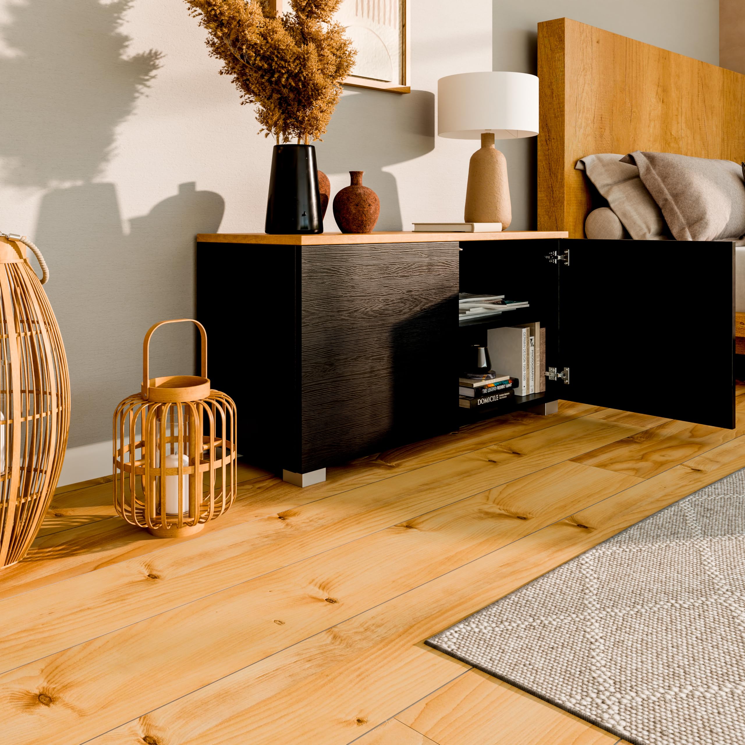 PLATAN ROOM Szafka pod telewizor o szerokości 90 cm z funkcją Push-to Open, wisząca szafka pod telewizor, komoda wisząca lub stojąca na wysoki połysk lub matowy (dąb matowy/czarny matowy, szerokość 90