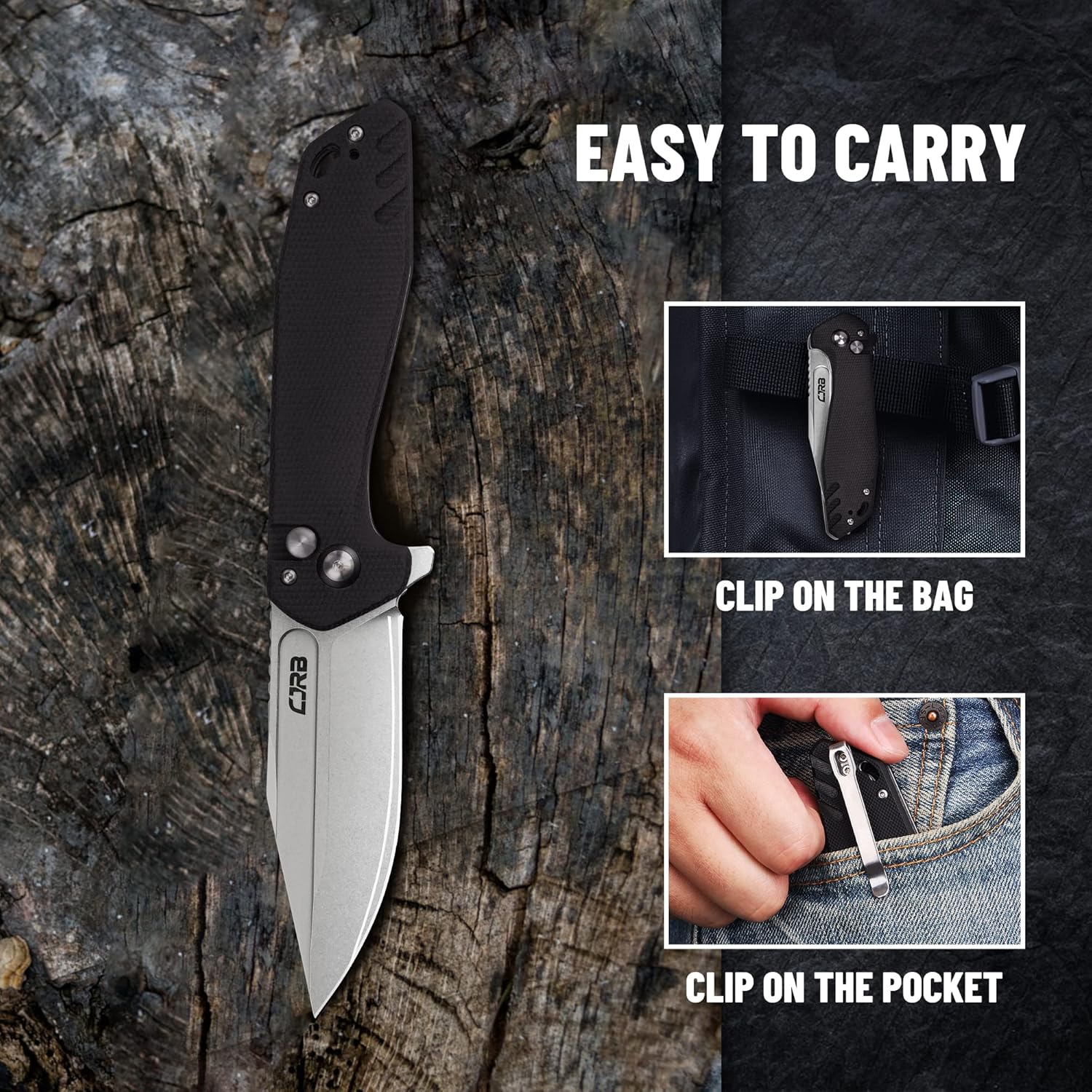 CJRB CUTLERY Folding Knife Riff (J1928) Button Lock Pocket Knife for Men AR-RPM9 Steel Blade and Black G10 Handle for Work Outdoor Hinking Camping