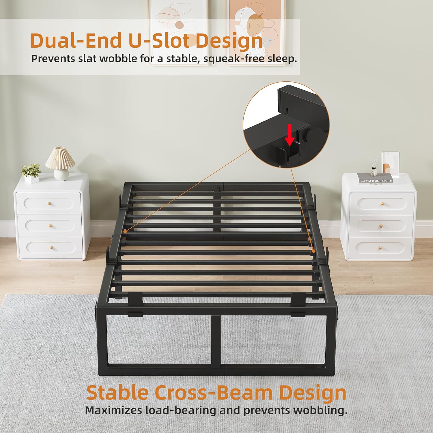 Twin Bed Frames, 16 Inch Metal Platform Bed Frame with Squeak Free U-Slot Design, 6 Non-Slip Guards, 3500lbs Heavy Duty Steel Slat Support, No Box Spring Needed, Under Bed Storage, Black