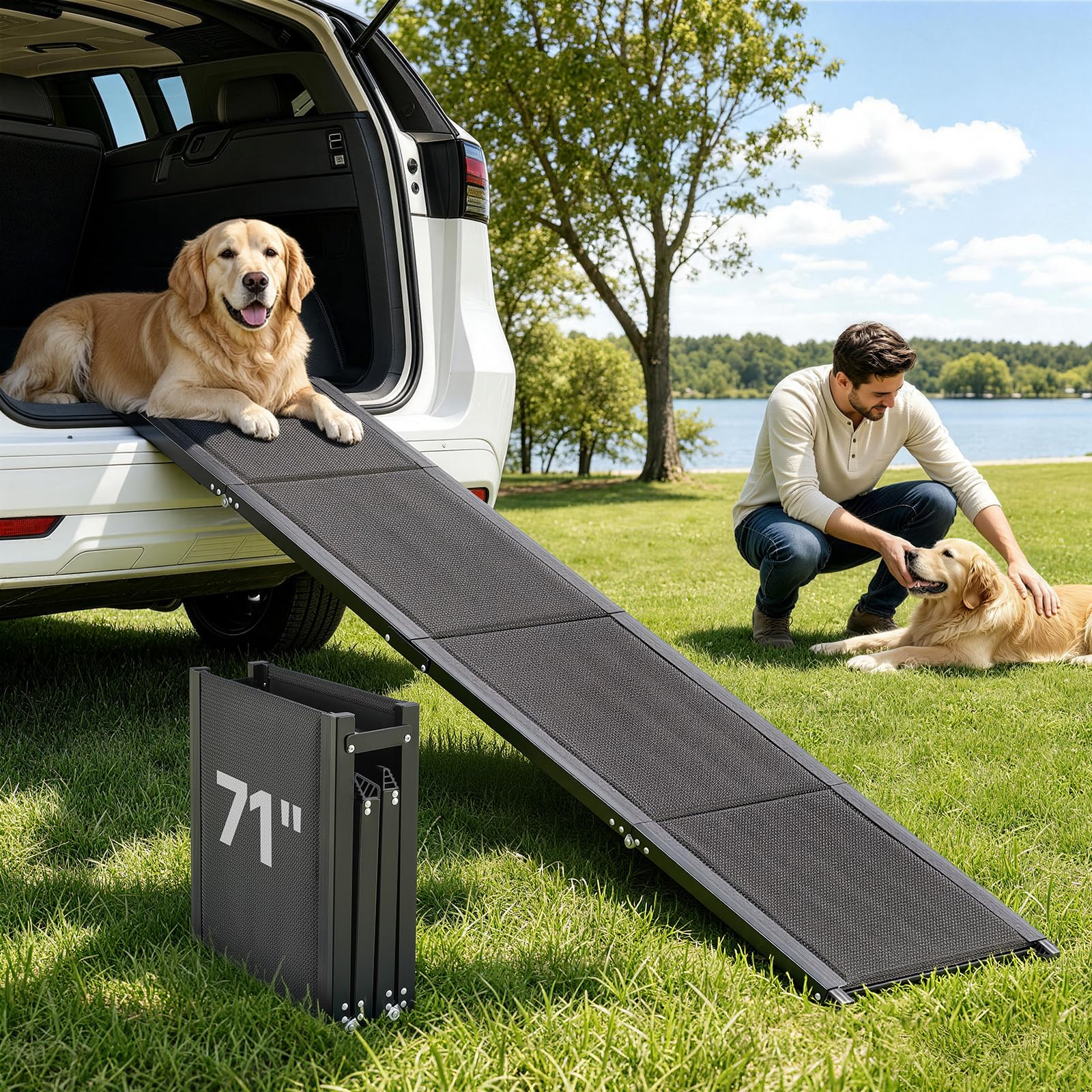 VEVOR Rampa para Perros para Coche, 180 x 43,2 cm, Plegable, para Perros Medianos y Grandes de hasta 113 kg, con Superficie de Tela Oxford Antideslizante, Portátil, para Exteriores, SUV y Camión