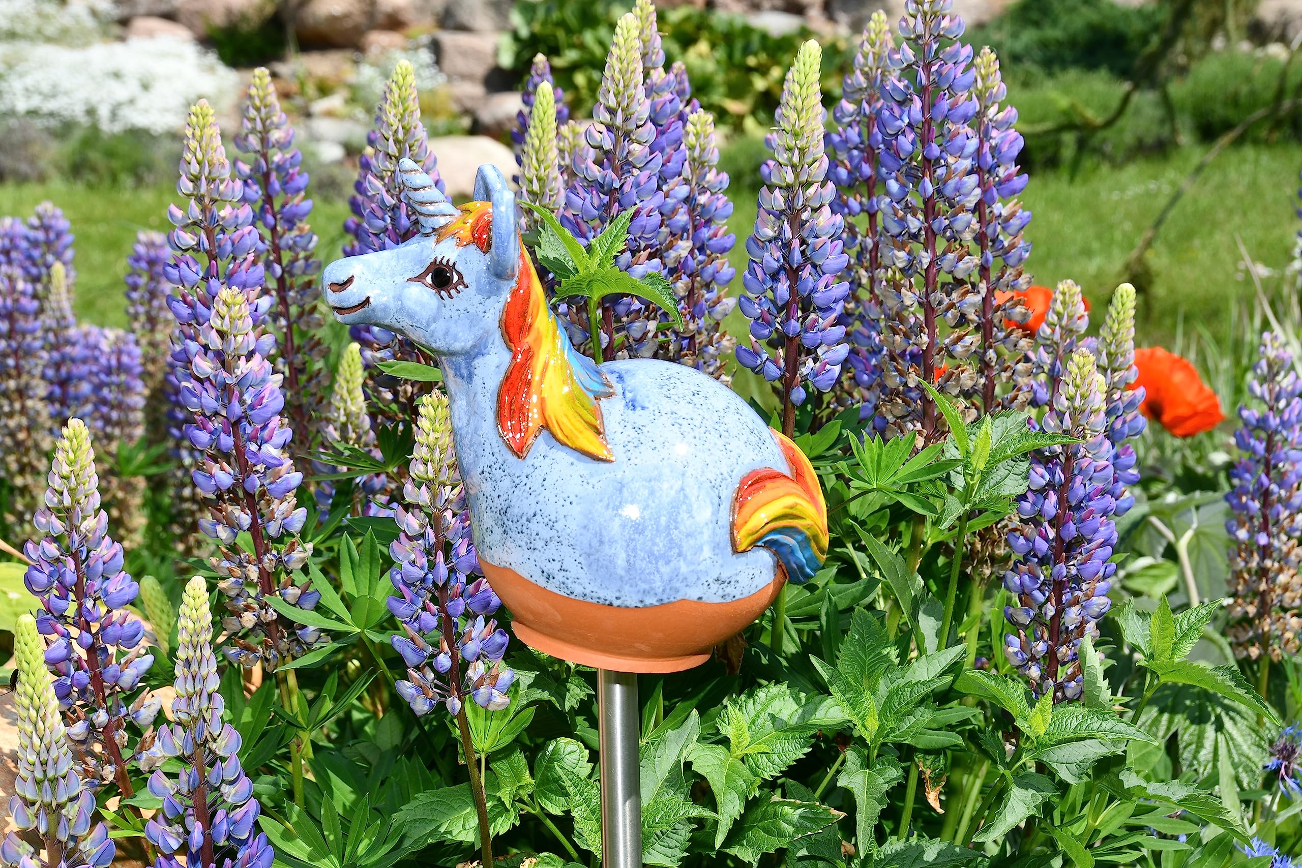 Gartenstecker Keramik Handgefertigt - Gartendeko für Draußen Wetterfest - Garten Deko Keramik - Gartenfiguren & Gartenstatuen - Einhorn