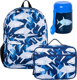 Wildkin Kids Bundle – 16 Inch Backpack, Insulated Lunch Box & 10 oz Soup Container Set for Boys & Girls, School, Travel & Everyday Use – Sharks