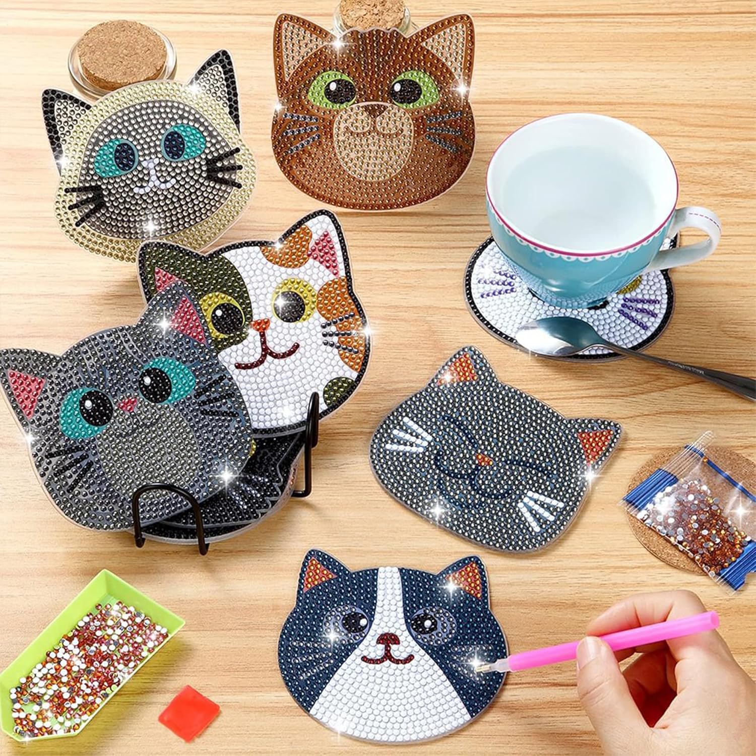 Diamond Painting Coasters Set with Metal Holder, Insulated Anti-Slip Drink Mats, 10 Cute Cat Designs (Cat) - Image 3