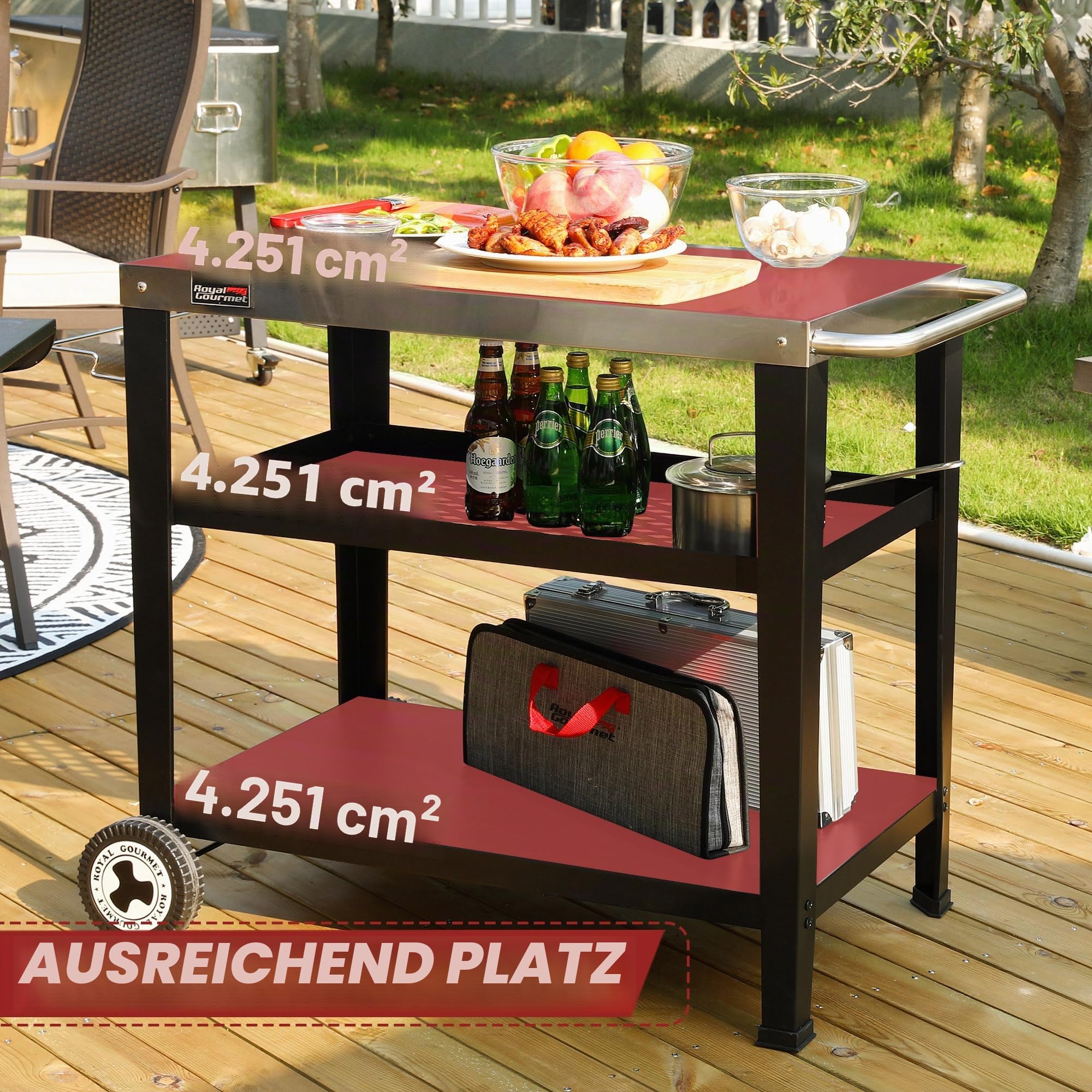 Royal Gourmet PC3404S Rollbarer Esstisch mit Müllbeutelhalter, für den Außenbereich, Garten, Terrasse, Grill, Küche, Lebensmittelzubereitungswagen, 76,2 cm L x 48,3 cm B, Edelstahl-Tischplatte, Silber