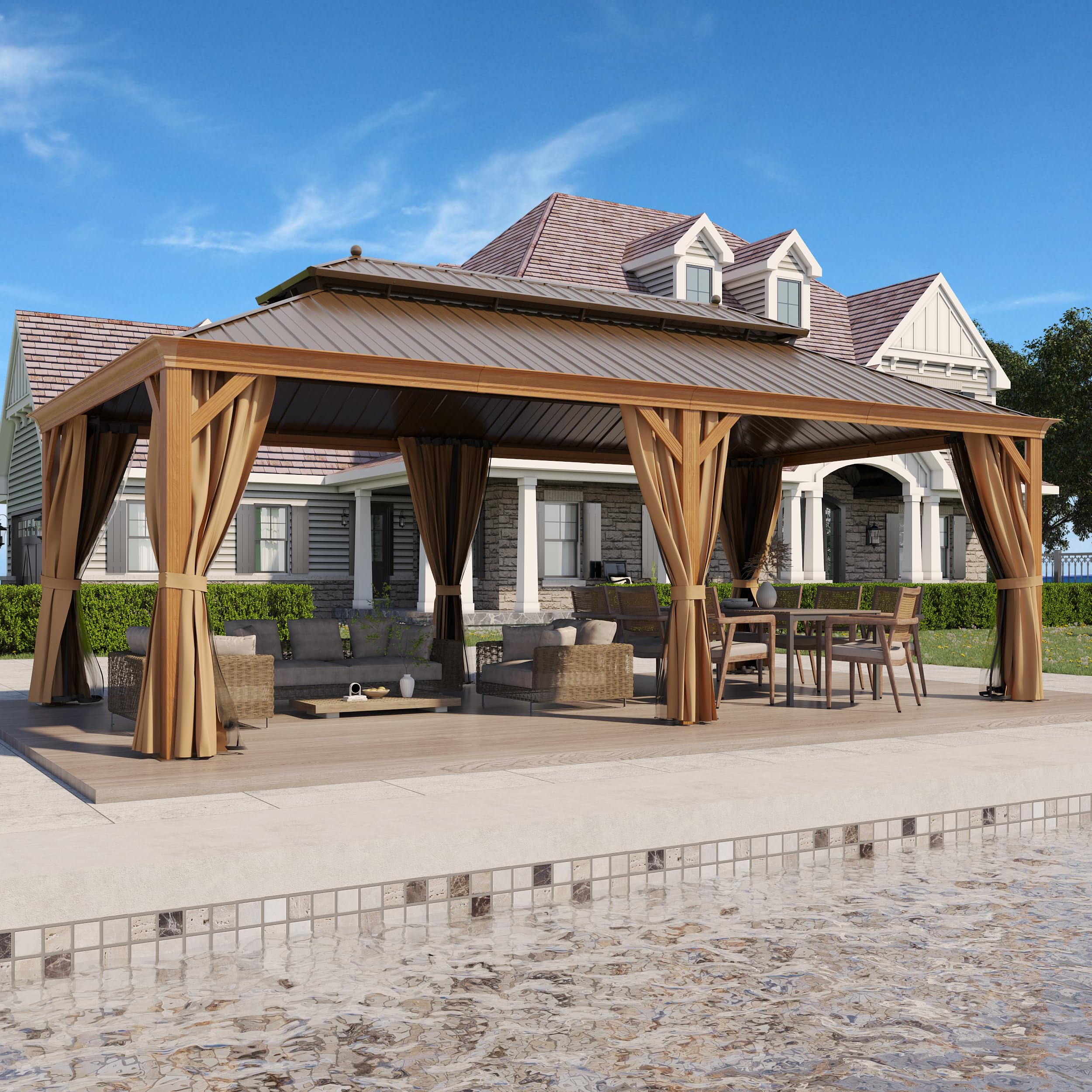 12' X 22' Hardtop Gazebo Outdoor Aluminum Patio Gazebo Double Roof Galvanized Steel Canopy Wooden Finish Coated with Netting and Curtains for Garden,