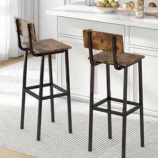GILLAS Set of 2 Tall Bar Stools with Backrest & Footrest - Industrial Rustic Brown Counter Height Chairs for Kitchen & Dining
