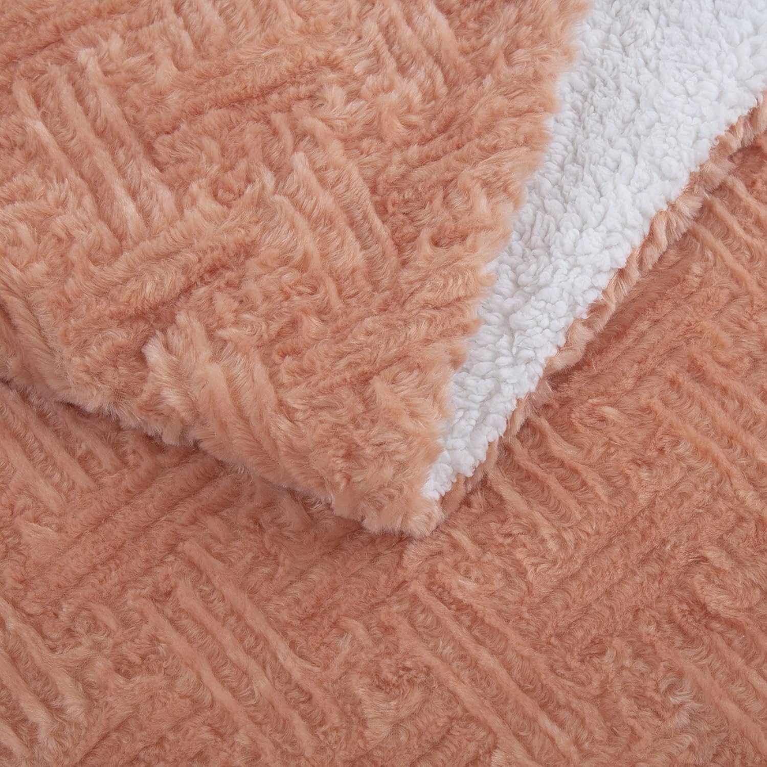 DaDa Bedding Coral Pastel Peach Rose Faux Fur Throw Blanket - Dreamy Geometric Embossed Sherpa Backside - Super Soft Warm Cozy Plush Fluffy - 50" x 60" - Image 5