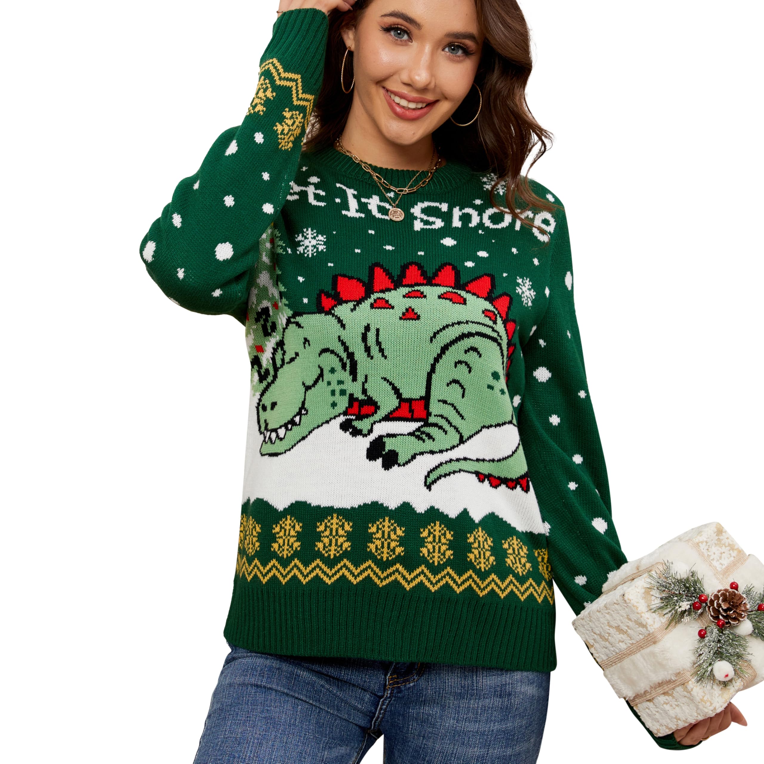 LUBOT Ugly Christmas Sweaters for Women Cute Fuzzy Funny Wintertime and Holiday Parties Knitted Pullover Sweater Let it Snore Dinosaur XX-Large