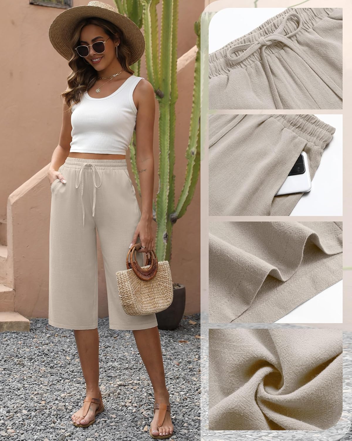 Neer 2 Pack Women's Linen Capris, Summer Drawstring Wide Leg Pants Casual High Waisted Palazzo Trousers with Pockets - Image 5