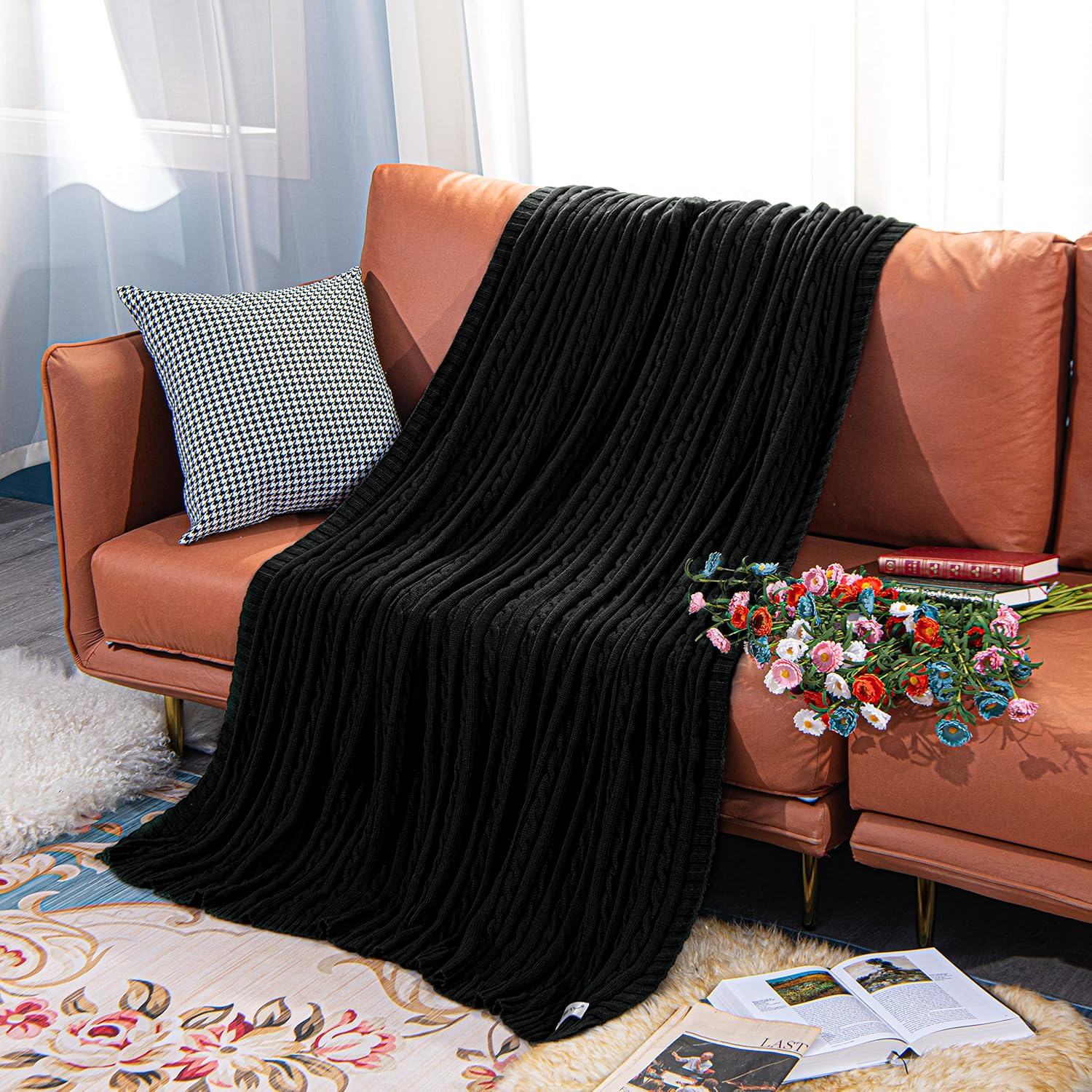 NTBAY 100% Pure Cotton Cable Knit Throw Blanket, Super Soft Warm 51x67 Knitted Throw Blanket for Couch, Sofa, Chair, Bed - Extra Cozy, Machine Washable, Comfortable Home Decor, Black - Image 4