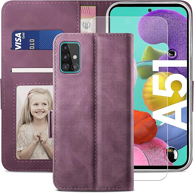 YATWIN Samsung Galaxy A51 Case, Samsung A51 Flip Wallet Leather Case with Tempered Glass Screen Protector and Card Slot Kickstand Phone Cases Cover for Samsung A51 - Wine Red