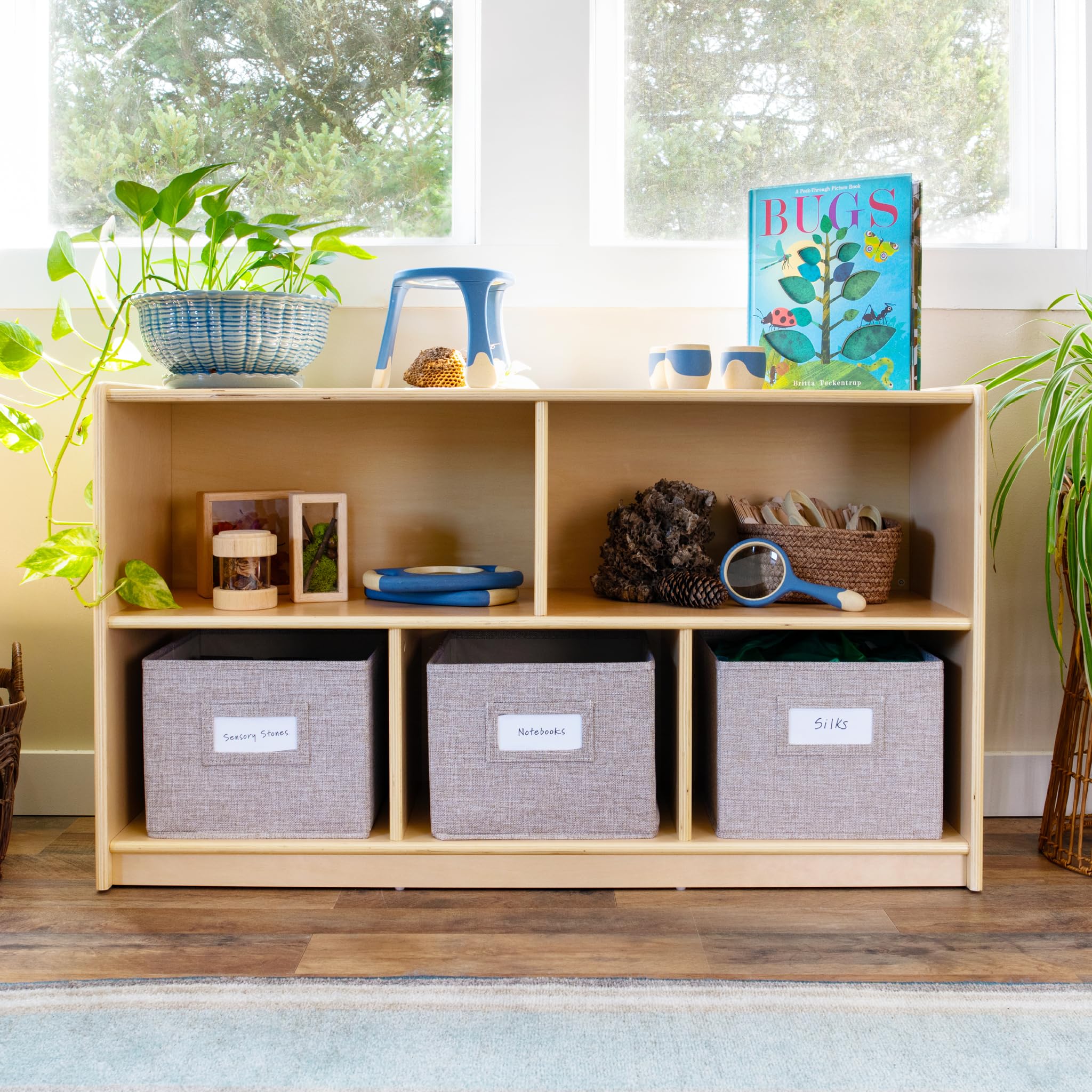 Guidecraft EdQ 5 Compartment Storage 24'' Natural with 3 Fabric Bins: Wooden Classroom Storage Cabinet for School, Classroom, or Home, Teacher's Book Shelf for Kids and Toy Organizer