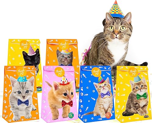 Miniatura 7 de Bolsas de regalo para gatos, bolsas de regalo de papel para gatitos, bolsas de golosinas para niños, cumpleaños, adopción, temática de gato,