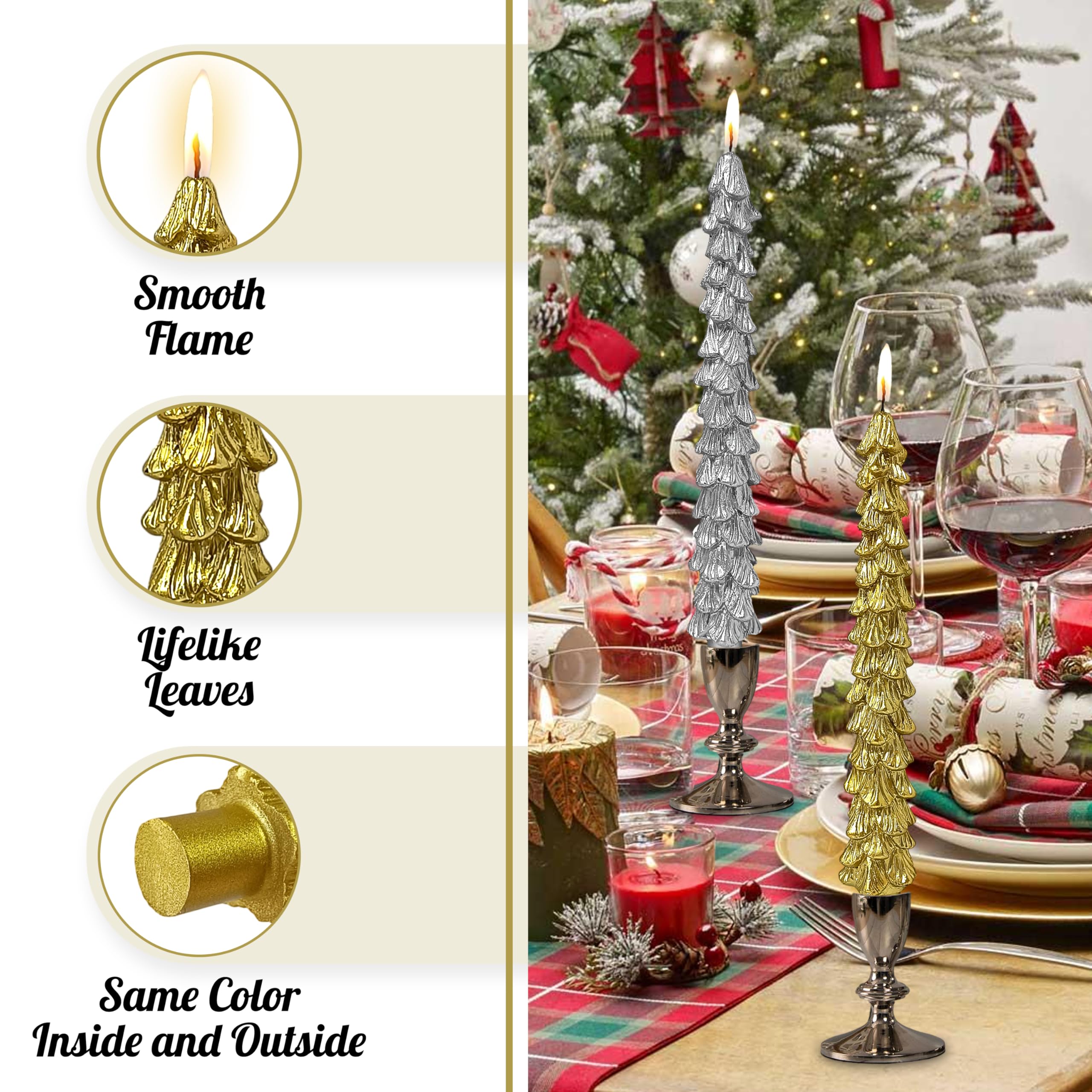 Lot de 4 bougies coniques en forme de sapin de Noël, 24 cm, non parfumées, bougies décoratives pour sapin de Noël, cadeau pour décoration de fête de Noël, doré