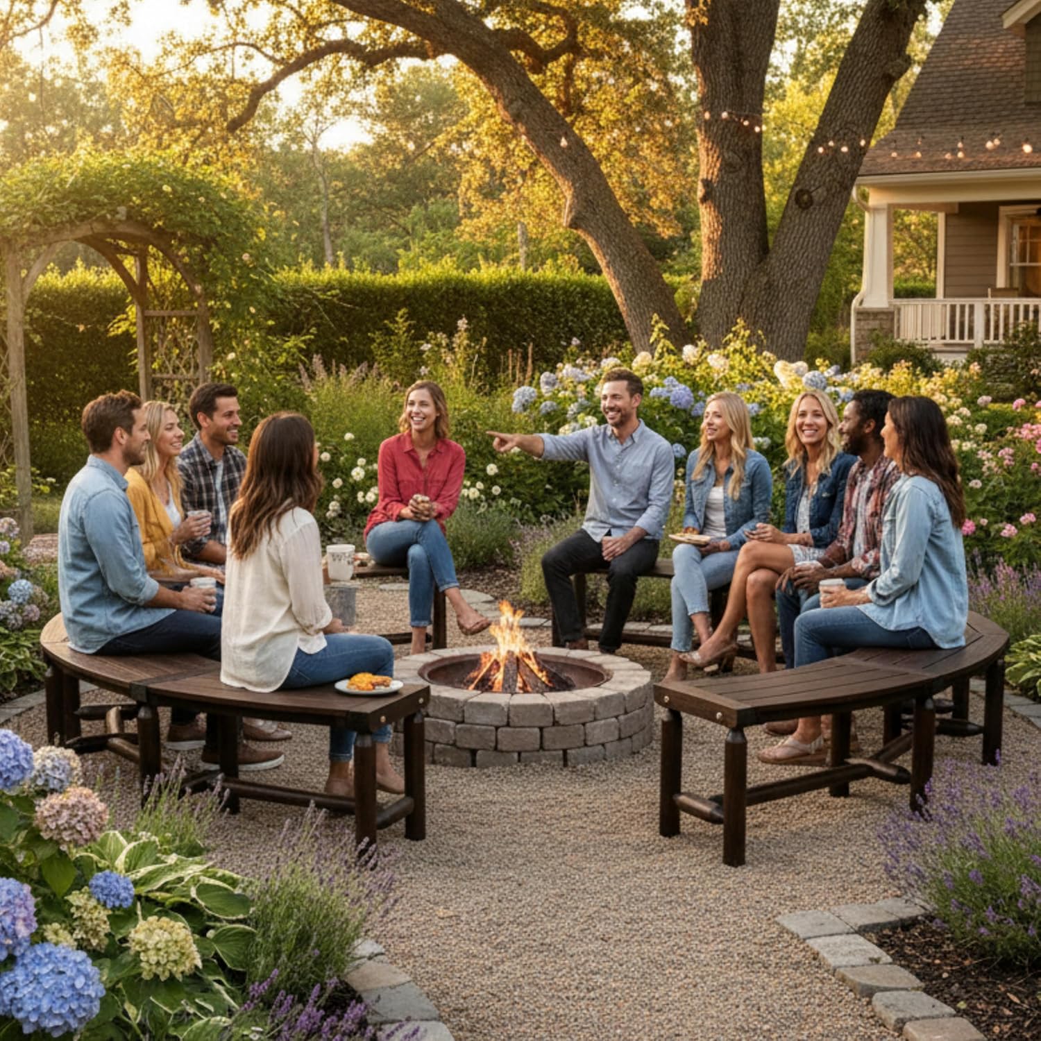 Multiple Tangkula Patio Curved Benches arranged around a fire pit