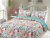 Vista 9 de Juego de ropa de cama reversible de 100% algodón con volantes color rosa claro, azul (caramelo, individual, 2 piezas)