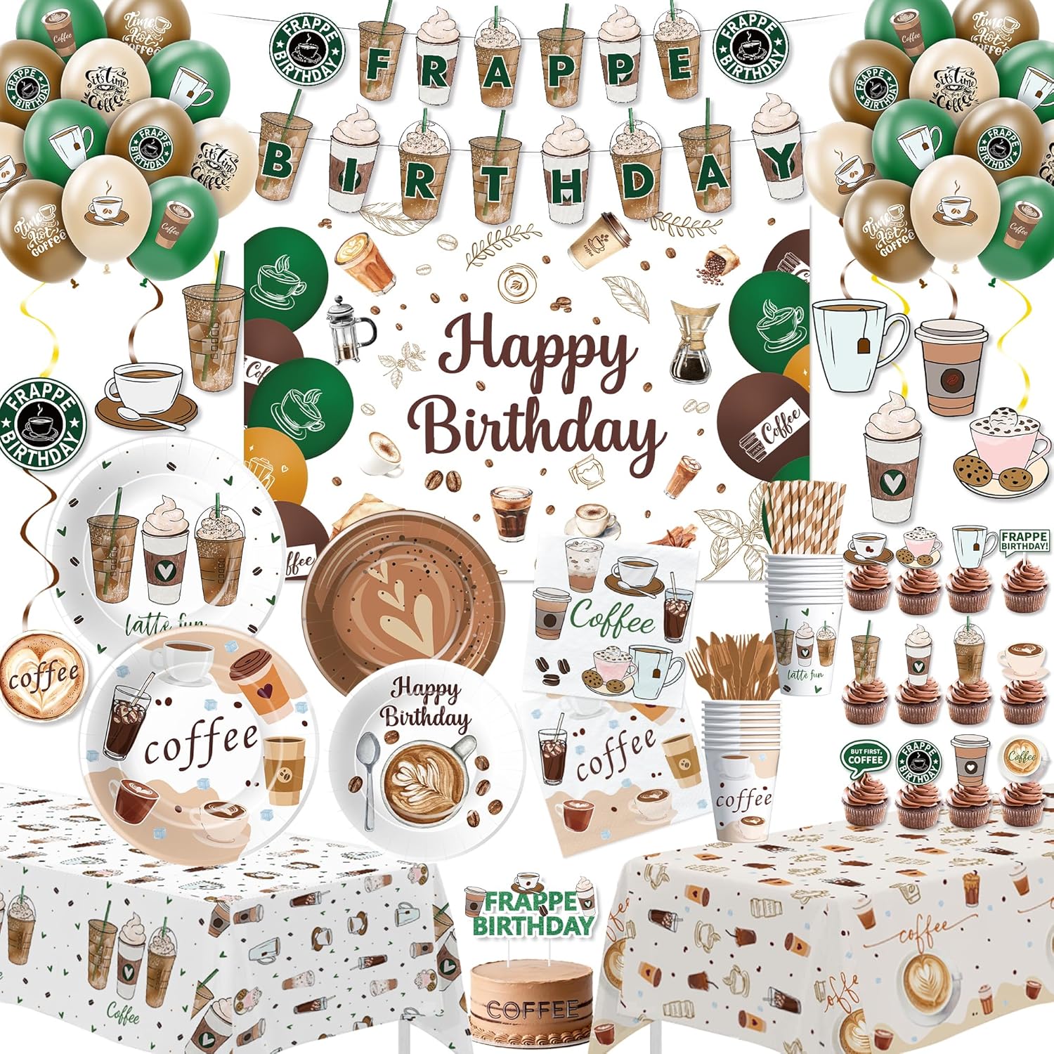 Xigejob Coffee Birthday Decorations, Latte Fun Coffee Party Decorations Supplies for Birthday Baby Shower, Plate, Cup, Napkin, Tablecloth, Banner, Backdrop, Swirls, Topper, Balloon, Cutlery, Serves 24