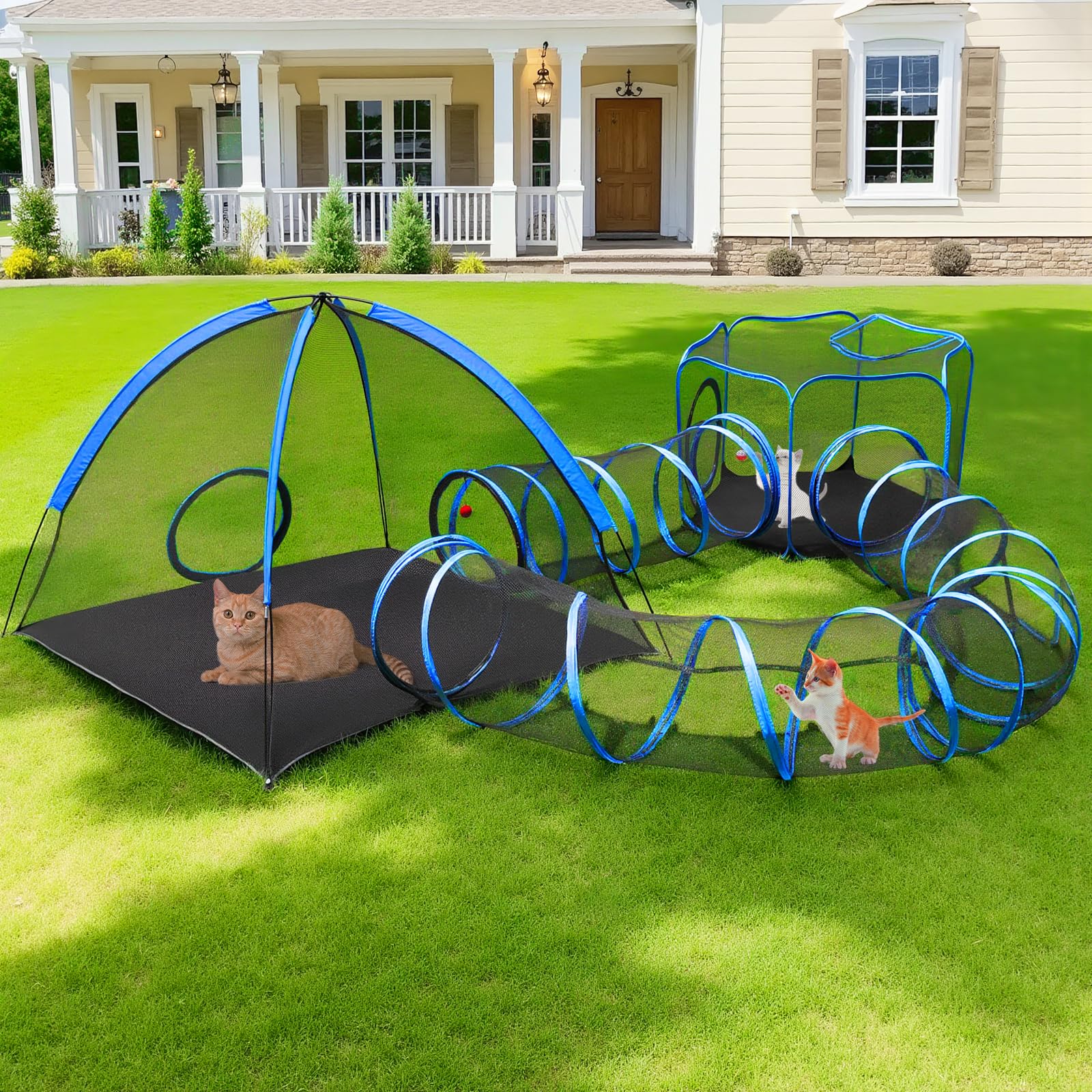Outdoor Cat Enclosure, 4-in-1 Cat Tent Outdoor Pet Playpen with Tunnel, Portable Catio Play Pen for Outside and Indoor Cat Enclosure with Storage Bag for Kitty and Small Animals