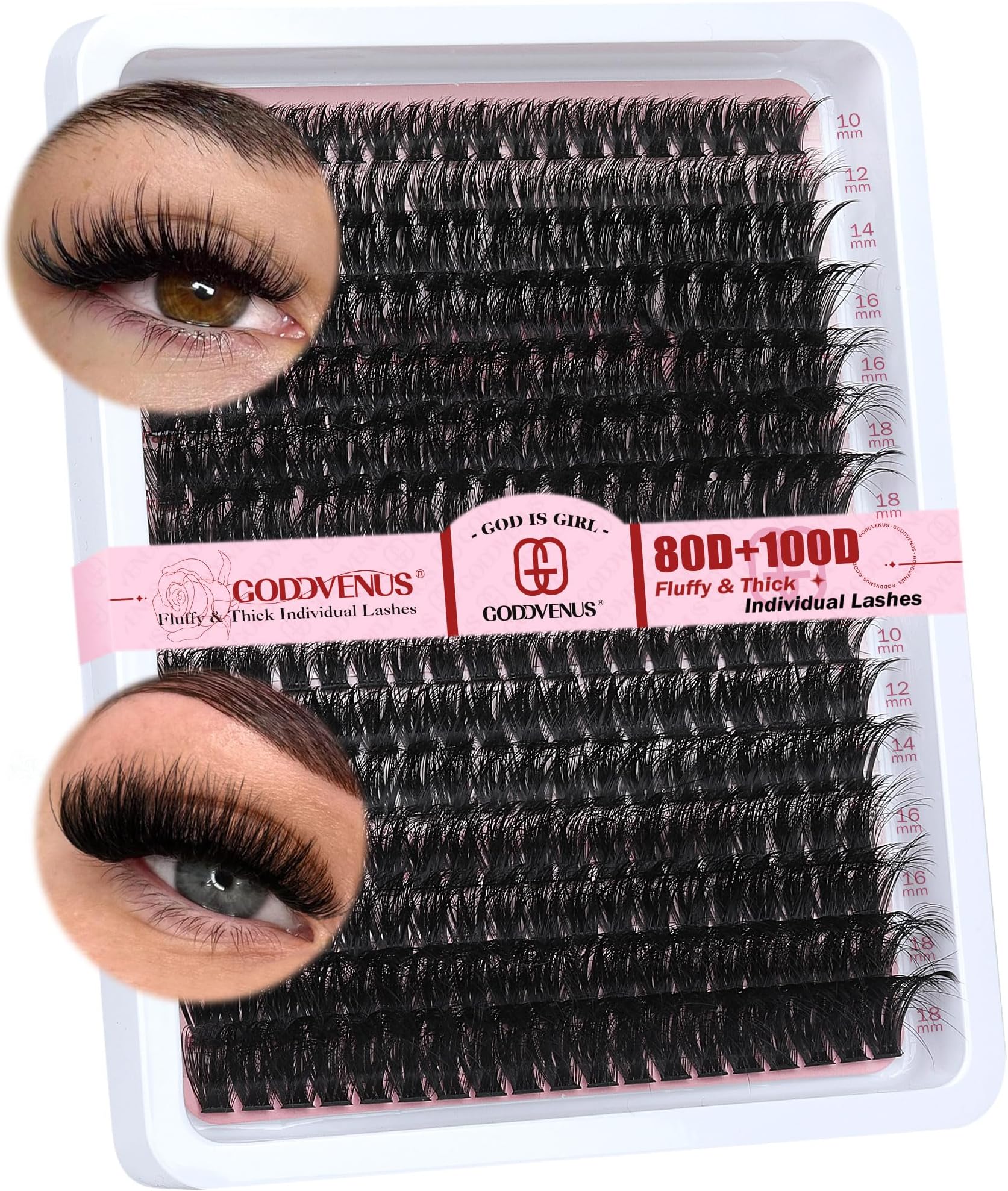 Goddvenus Fluffy Eyelashes 80D+100D Thick Cluster Lashes Wispy Lashes 10-18mm Eyelash Clusters Dramatic Individual Russian D Curl Lash Extensions