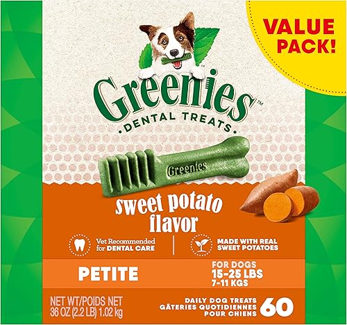 Greenies Petite Natural - Golosinas dentales para perros, sabor a batata, paquete de 36 onzas (60 golosinas)