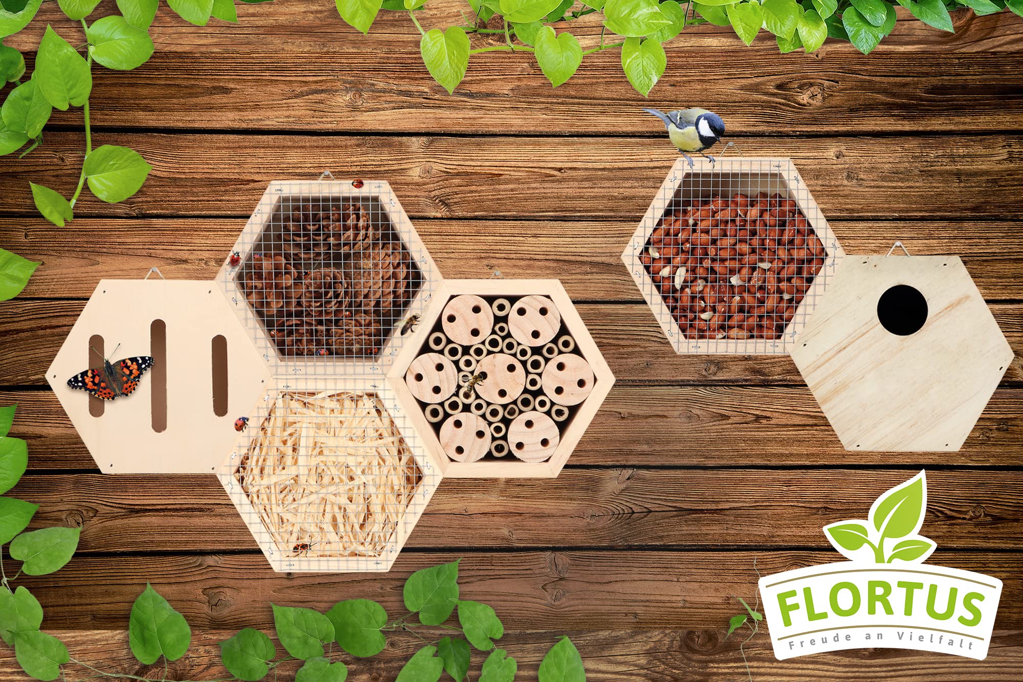 FLORTUS Set aus Insektenhotels, Vogelfutterhaus und Nistkasten im Set | Insektenhotels kombinierbar | Bienenhotel Schmetterlingshaus Marienkäferhaus