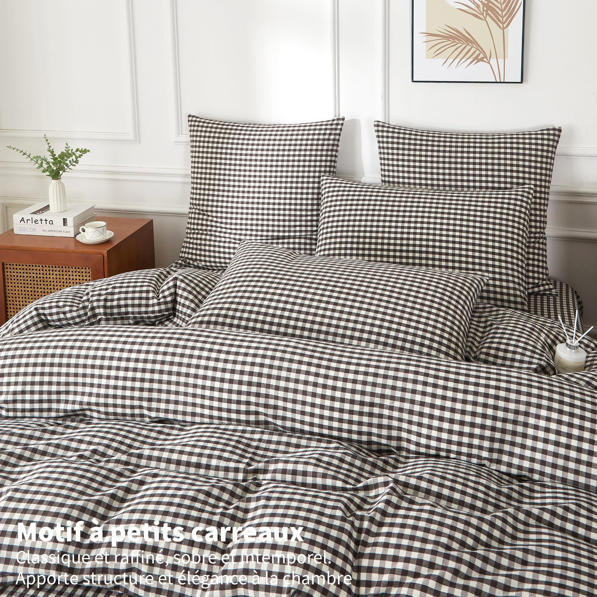 Copripiumino 220 x 240 cm, in cotone lavato, grigio, bianco, a quadretti, 220 x 240 cm, per adulti, in cotone, morbido, traspirante, biancheria da letto matrimoniale, con cerniera e 2 federe