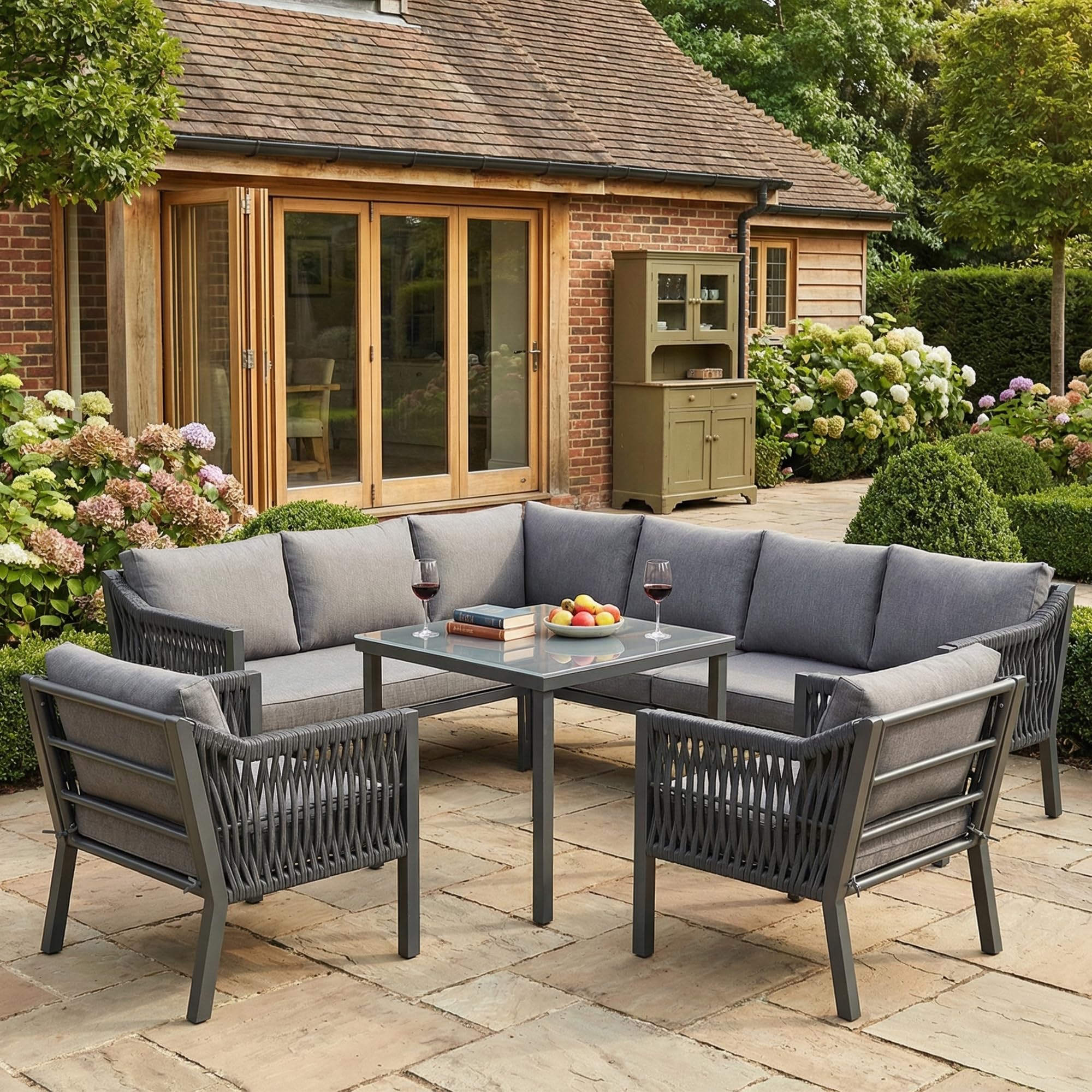 Muebles Jardin Exterior de 7-8 Plazas con 2 Sillones y Mesa, Sofa Terraza Exterior con Cojín Suave, Muebles Terraza Exterior con Reposabrazos Trenzado y Estructura Metálica, Gris