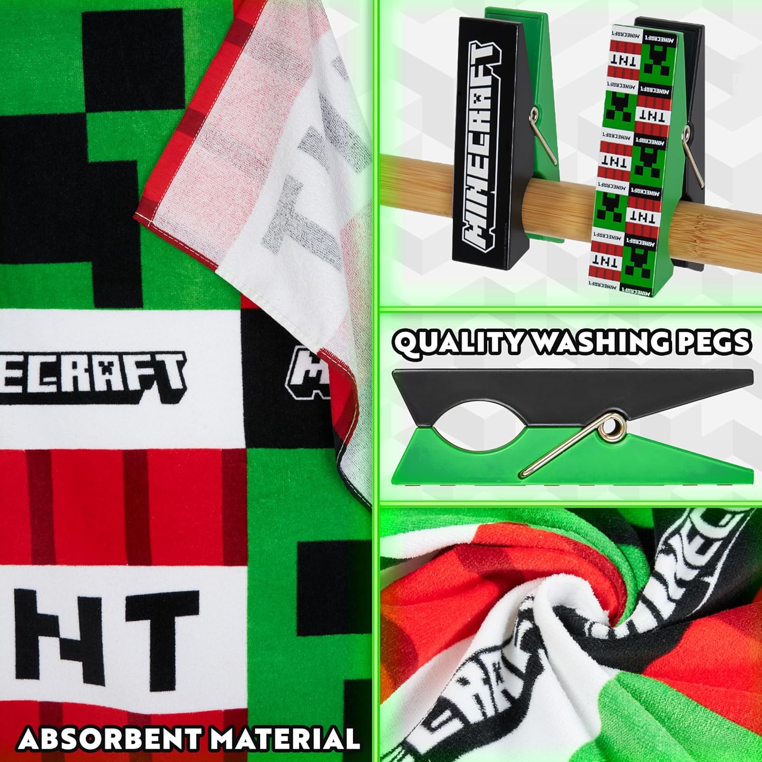 Minecraft Beach Towel for Kids Teens 2 Clothes Pins Creeper 100% Cotton Pool Towels TNT Bath Towel Beach Accessories Holiday Essentials 55x27 inch