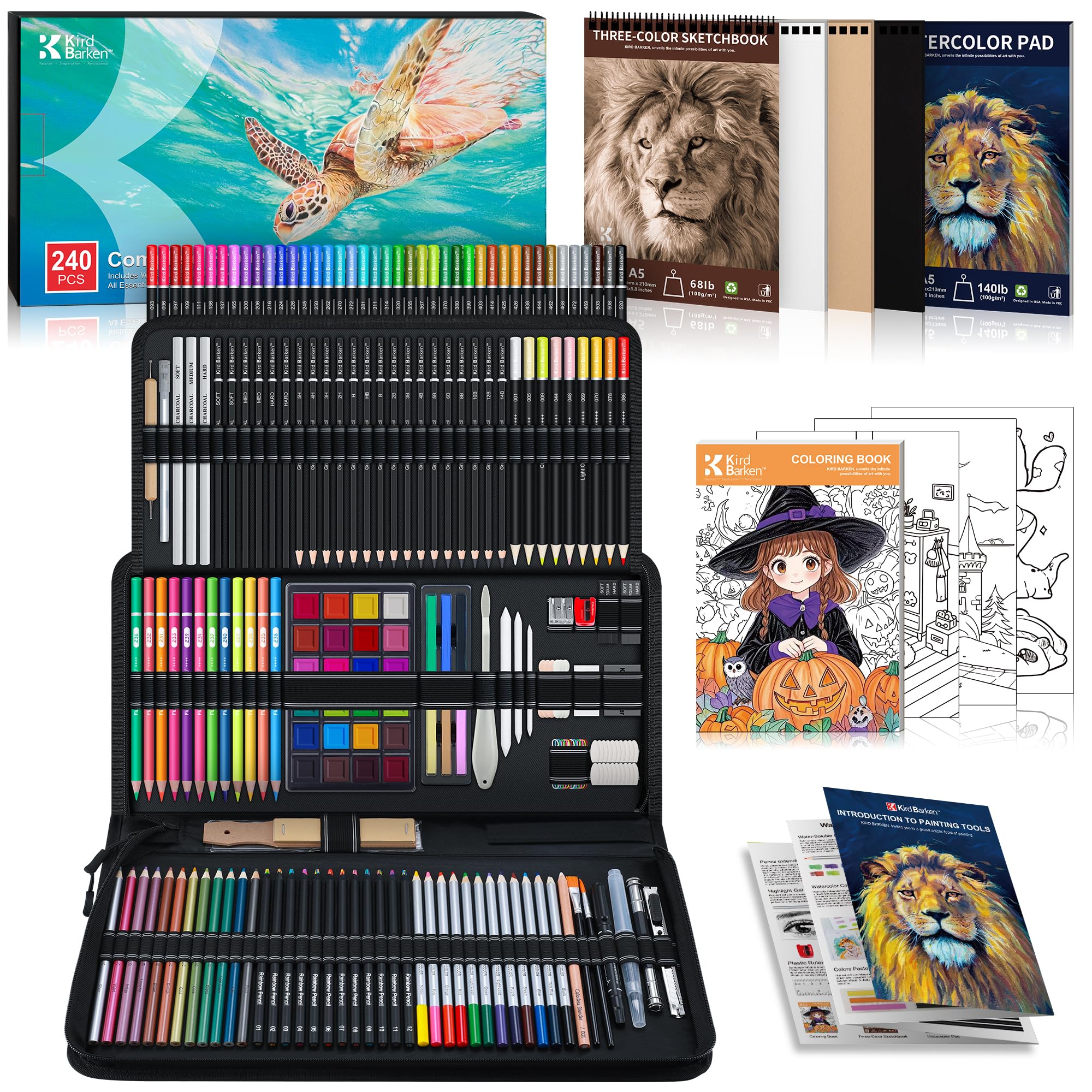 Kird Barken 240PCS Artists Art Supplies - Drawing Kit with 3 Sketchbook, Coloring book - Graphite,Colored, Charcoal, Watercolor,Metallic,Fluorescent &