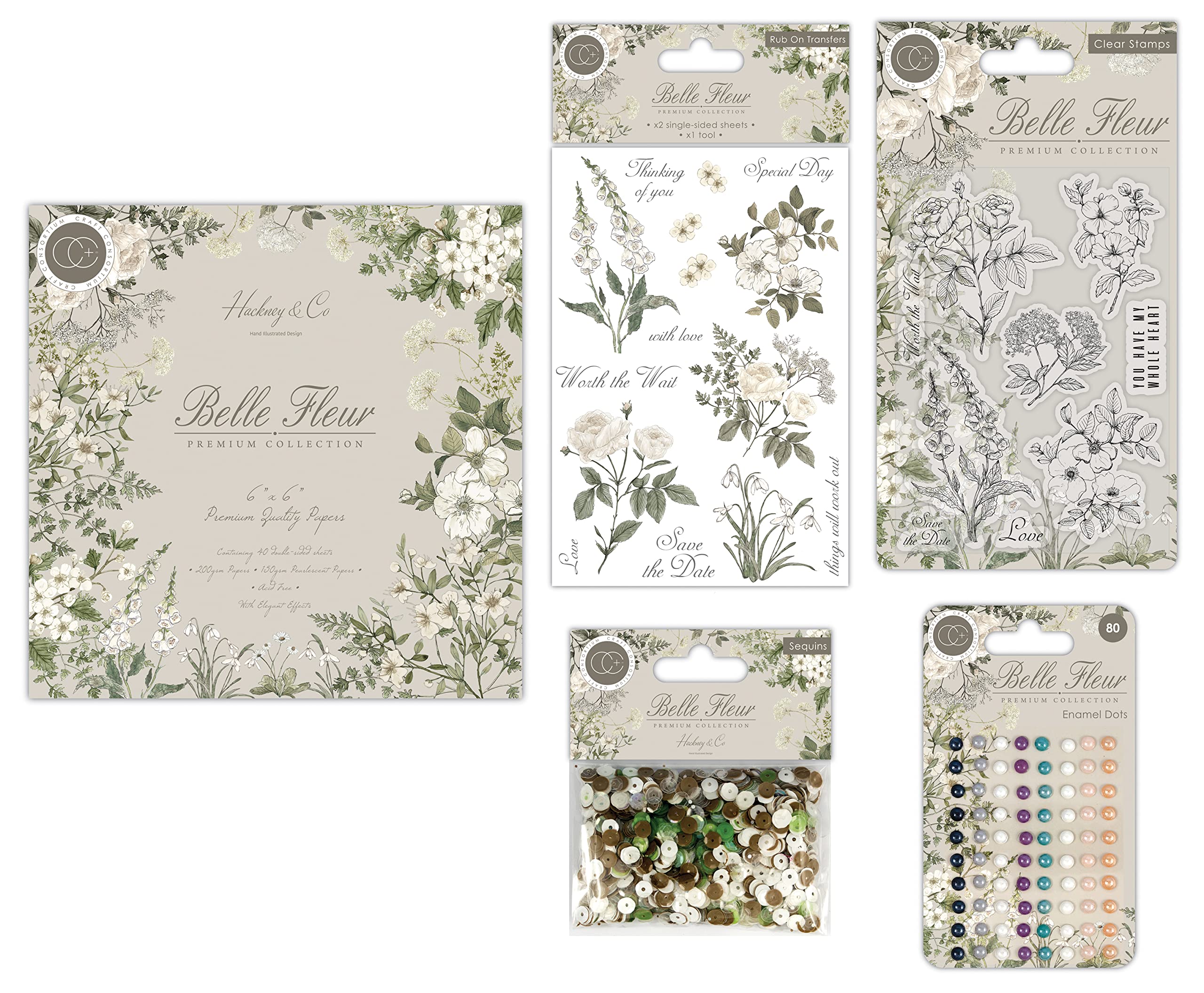 Craft Consortium Belle Fleur - Collector’s Card Maker’s Pack with 6x6 Paper Pad, Rub-On Transfers, Clear Stamps, Sequins & Enamel Dots