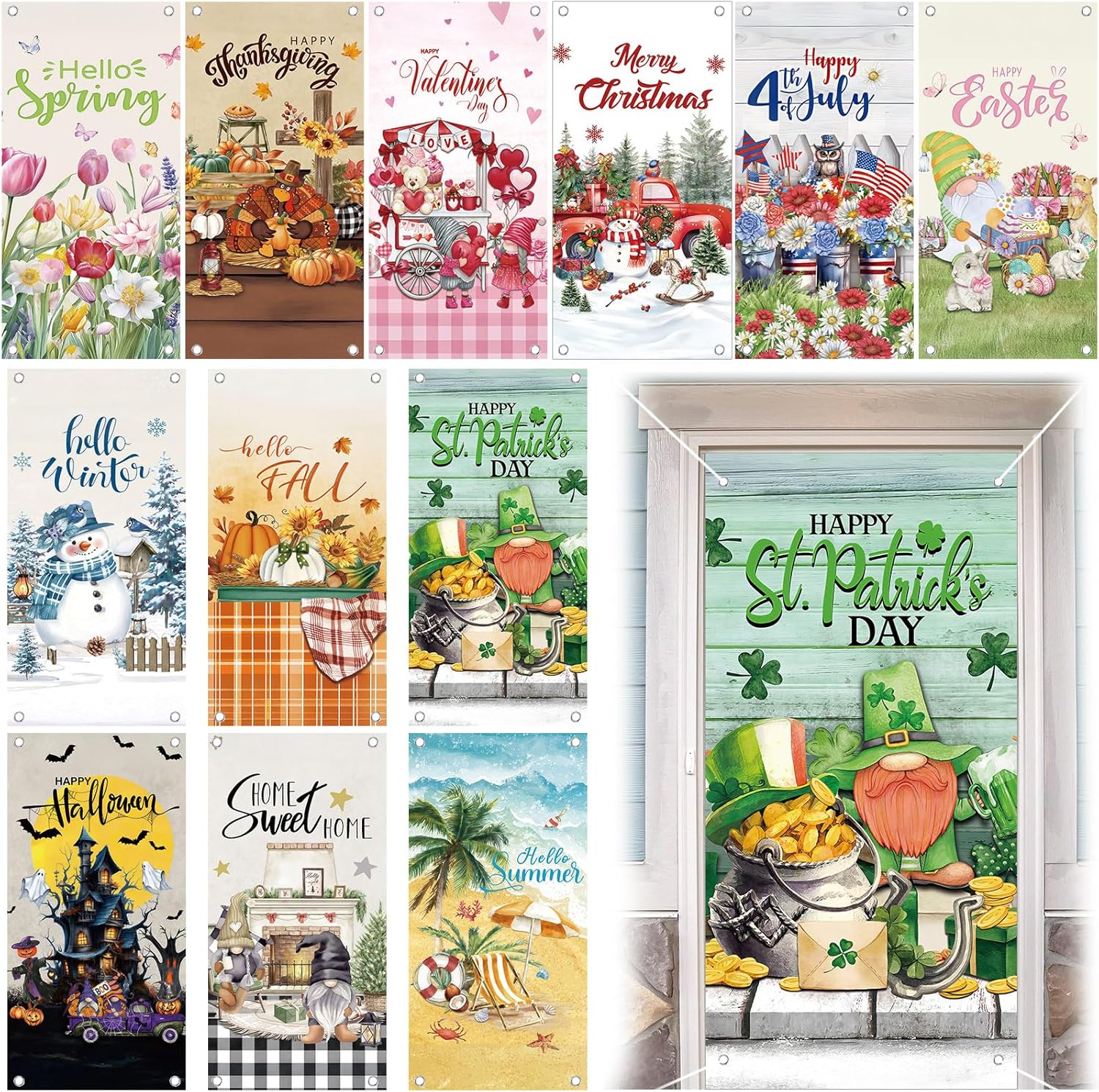 Breling 12 Pcs Seasonal Door Cover Decorations for Front Door Holidays Interchangeable Large Photography Background Banner Porch Sign for Spring Irish Easter Home Office Party Supplies(Classic)