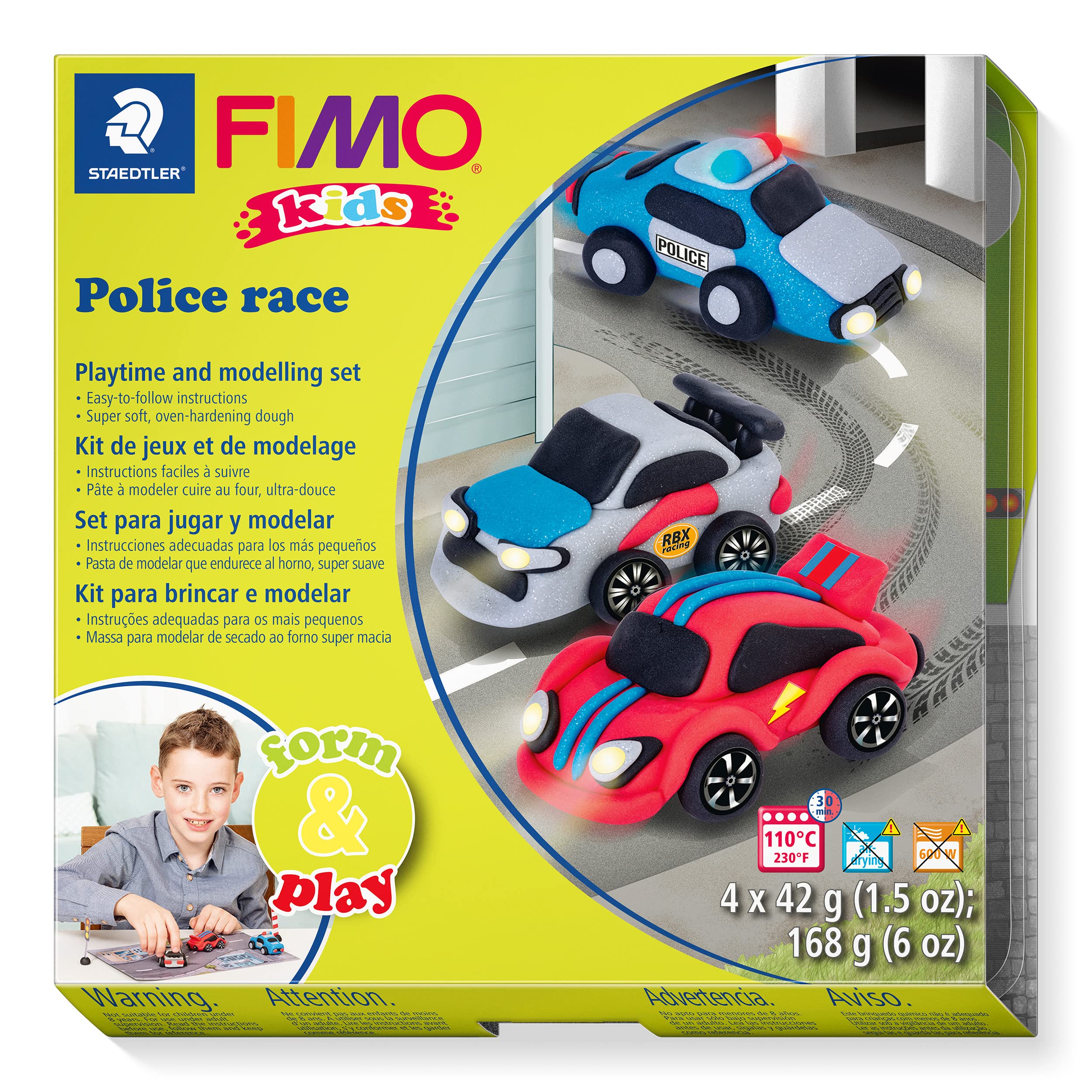 STAEDTLER 8034 29 LZ FIMO Kids Form&Play Playtime & Modelling Polymer Clay Set - "Police Race" (Pack of 4 Blocks, Stickers, Modelling Tools & Background Scene)