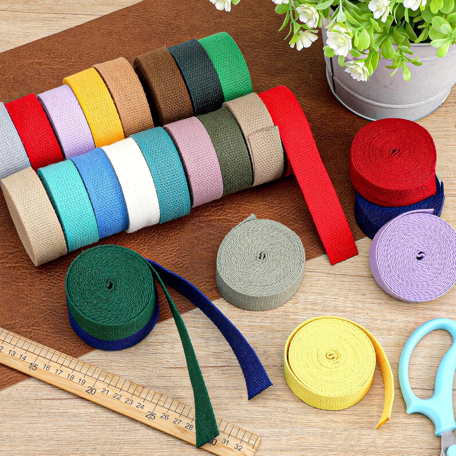 SHENLIU 50 Rolls 1 Inch Heavy Cotton Webbing, 165 Yard 50 Color Polyester Cotton Tote Bag Webbing Strap for Making Bag Handles Cloth Belt Crafts Outdoor Accessories Supplies