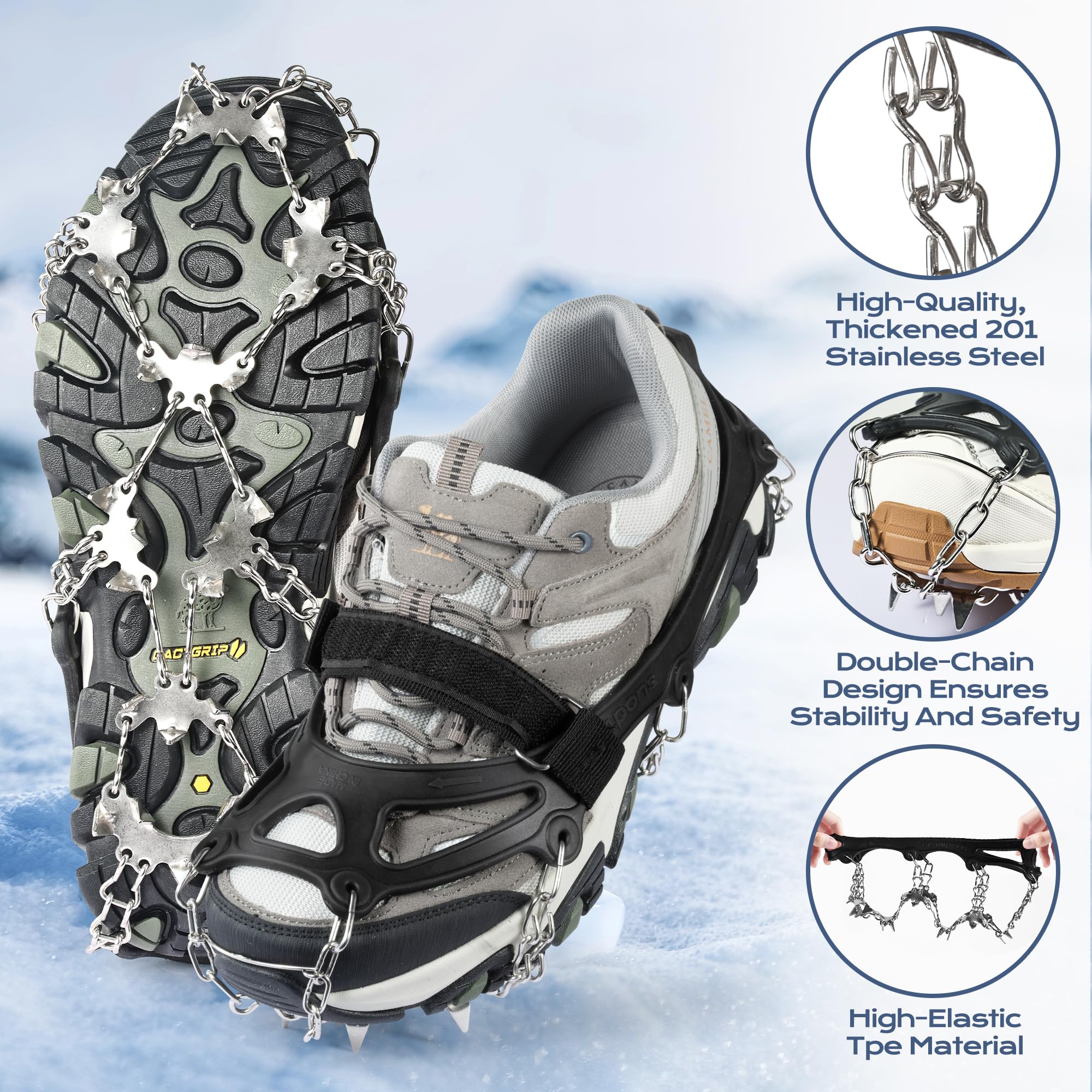 Chumix Ramponi per Scarponi, 26 Denti 201 Catene in Acciaio Inossidabile Portatile Ramponcini, Leggeri Ramponi da Ghiaccio Protezione Sicura, per Camminare, Jogging, Pesca, Camp