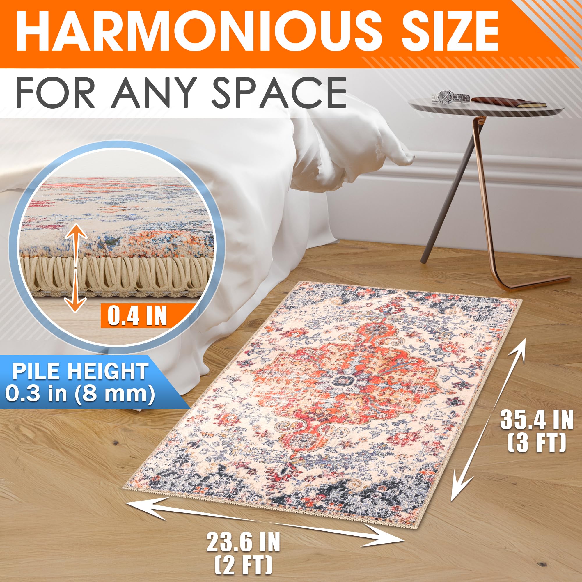 Washable Kitchen Rug – Easy Cleaning Non-Slip Carpet, Kitchen Mats for Floor, Vintage Soft Surface Cashmere-Like Texture, Durable Pet-Friendly Mat, Small Washable Rug 2x3 for Home & Busy Areas