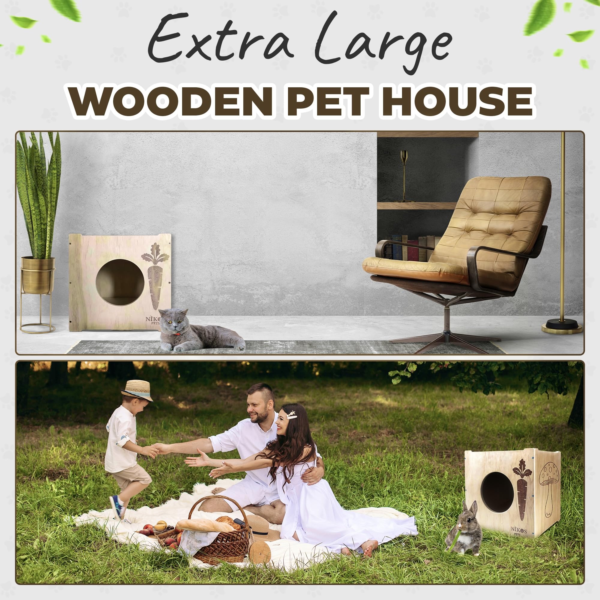 Nikospets - Casa y escondite para conejos y conejos, escondite y cabaña de conejos, escondite y hogar de conejillos de indias, casa y refugio de chinchilla, hámster, casa para gatos al aire libre